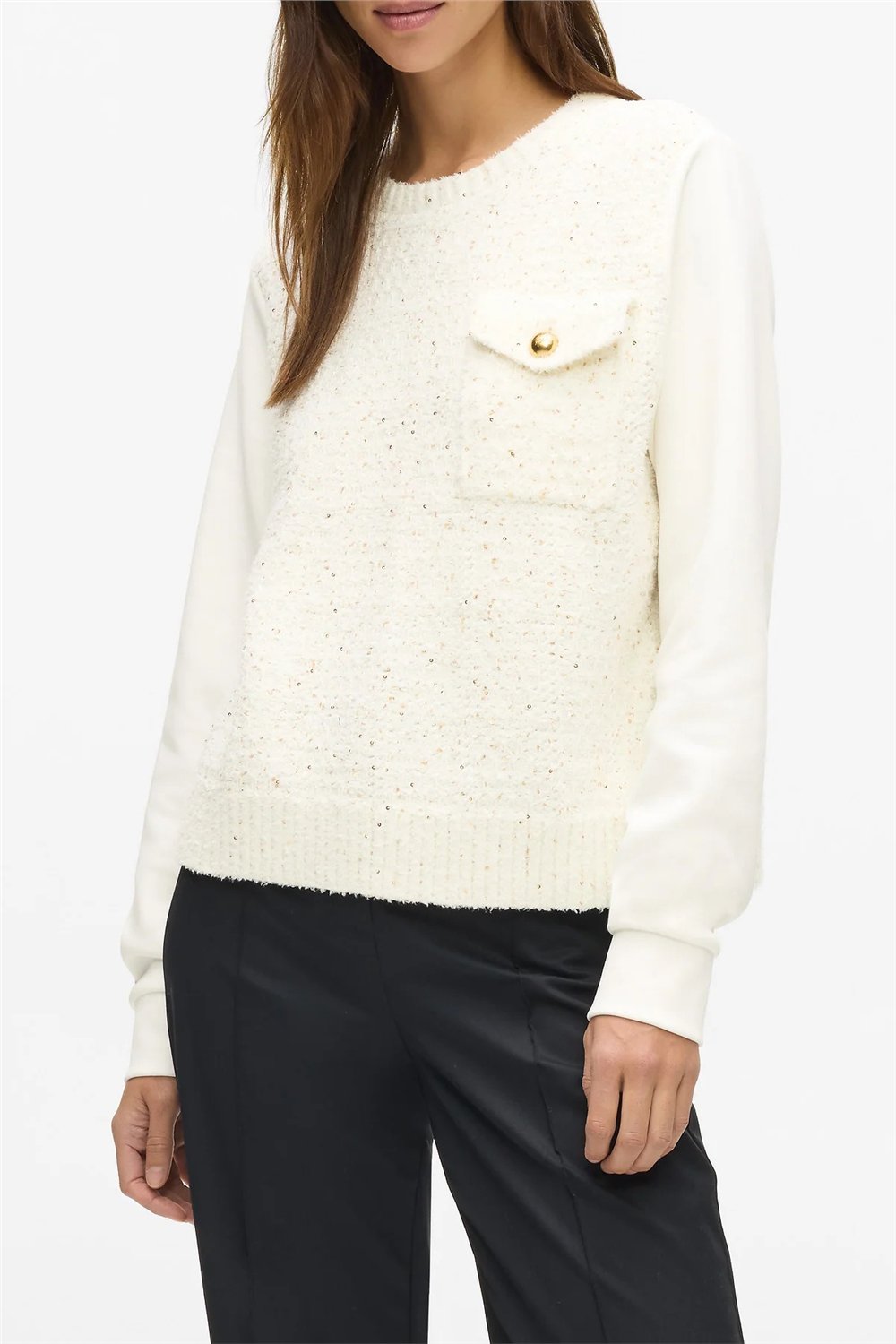 Karl Lagerfeld Boucle Knit Mix Kadın Bisiklet Yaka Sweatshirt Krem