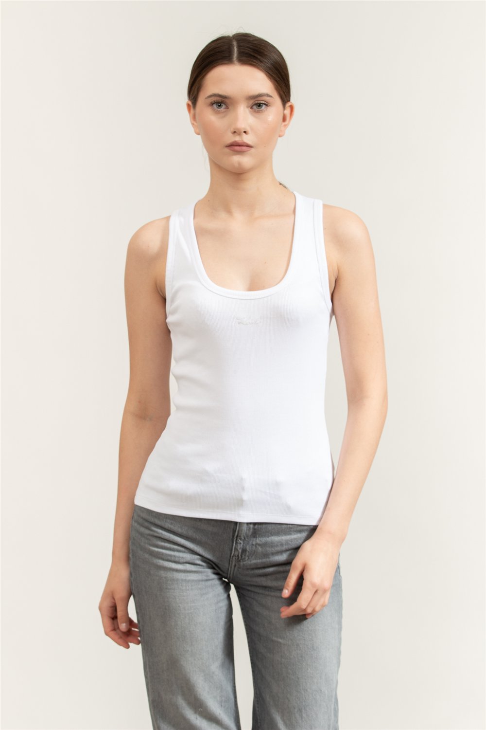 Karl Lagerfeld Essential Logo Commercial Tank Kadın Kolsuz T-Shirt Beyaz
