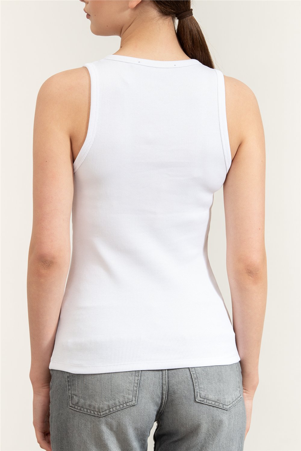 Karl Lagerfeld Essential Logo Commercial Tank Kadın Kolsuz T-Shirt Beyaz