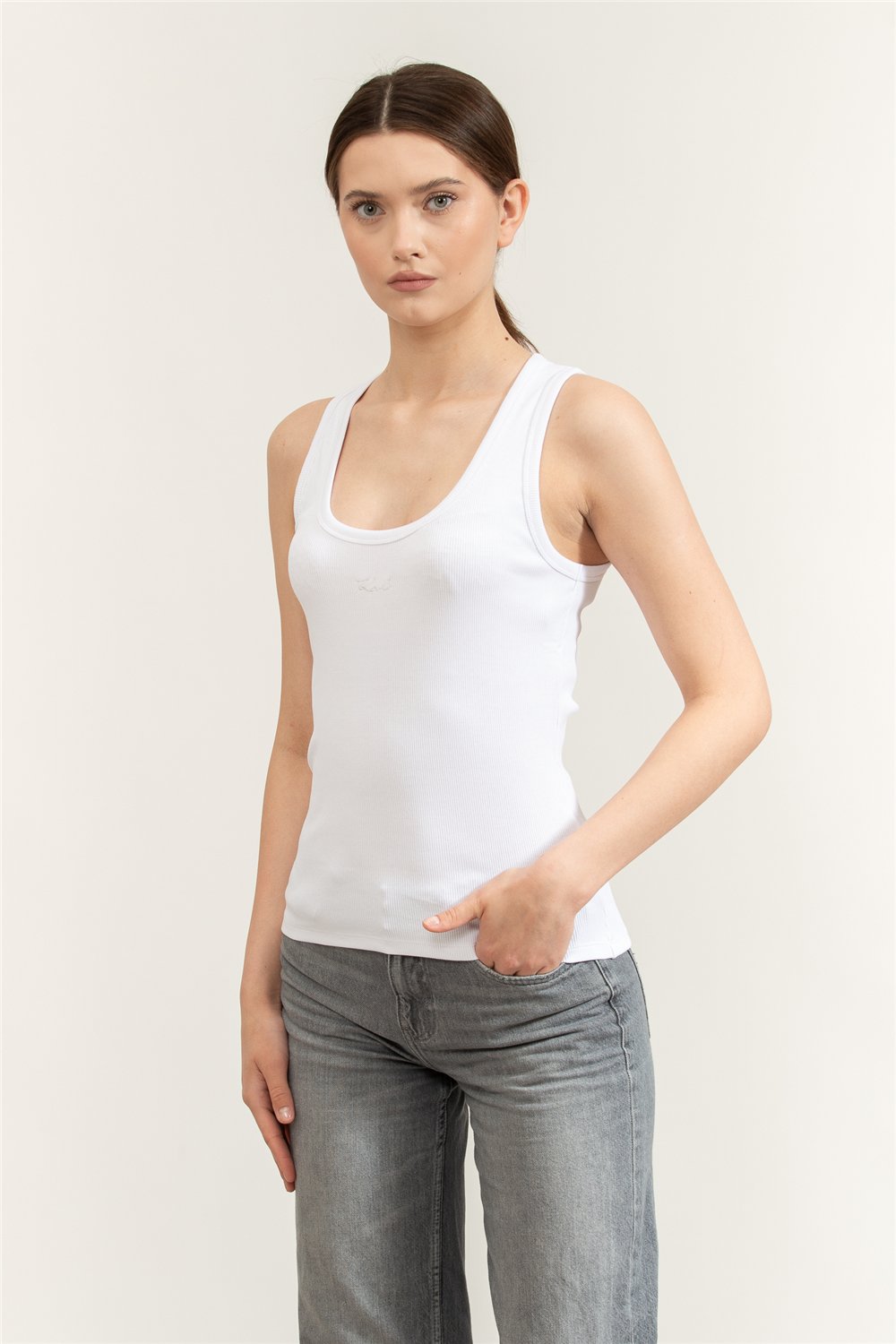 Karl Lagerfeld Essential Logo Commercial Tank Kadın Kolsuz T-Shirt Beyaz