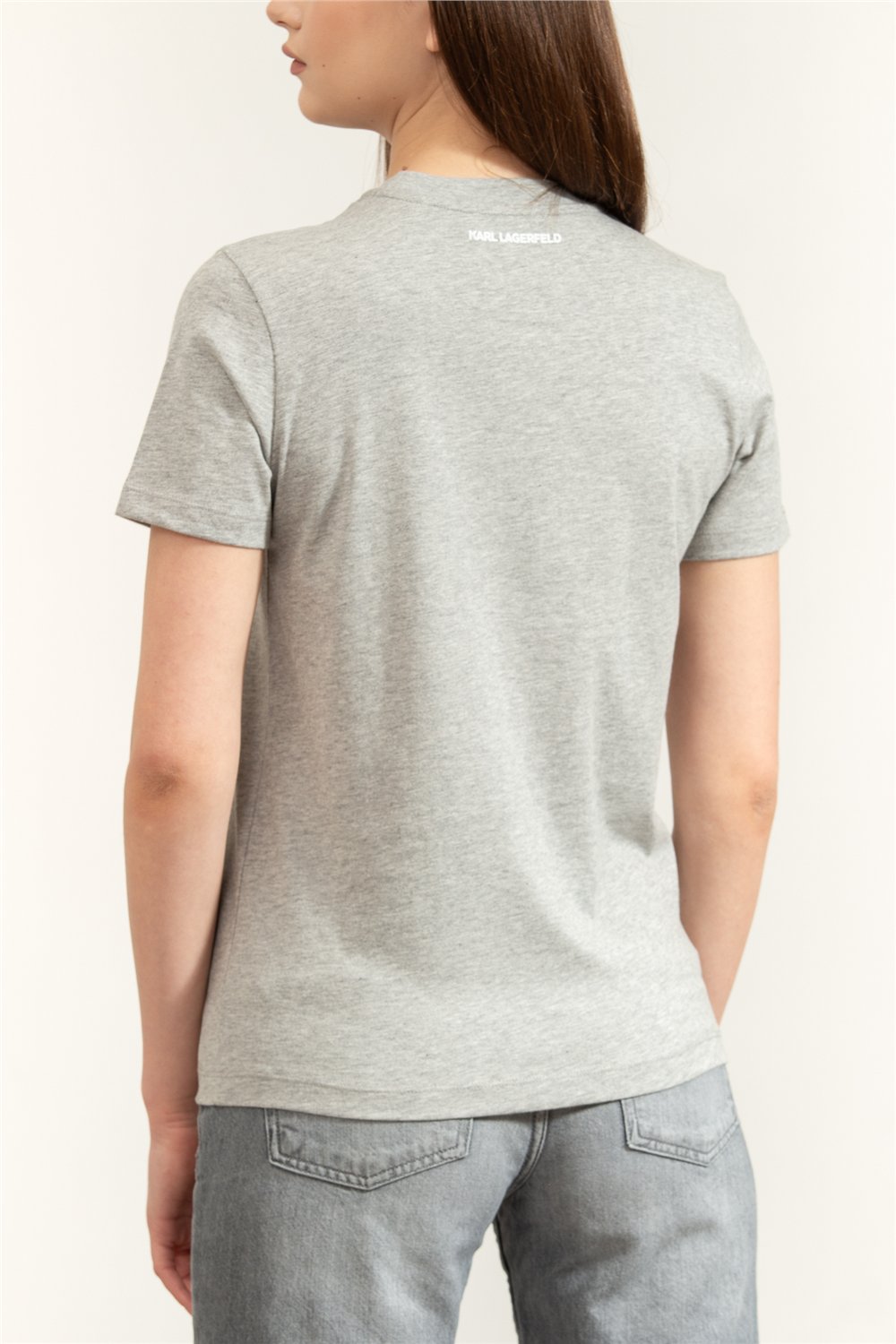 Karl Lagerfeld ikon Rs Circle Melange T-Shirt Kadın Bisiklet Yaka T-Shirt Gri