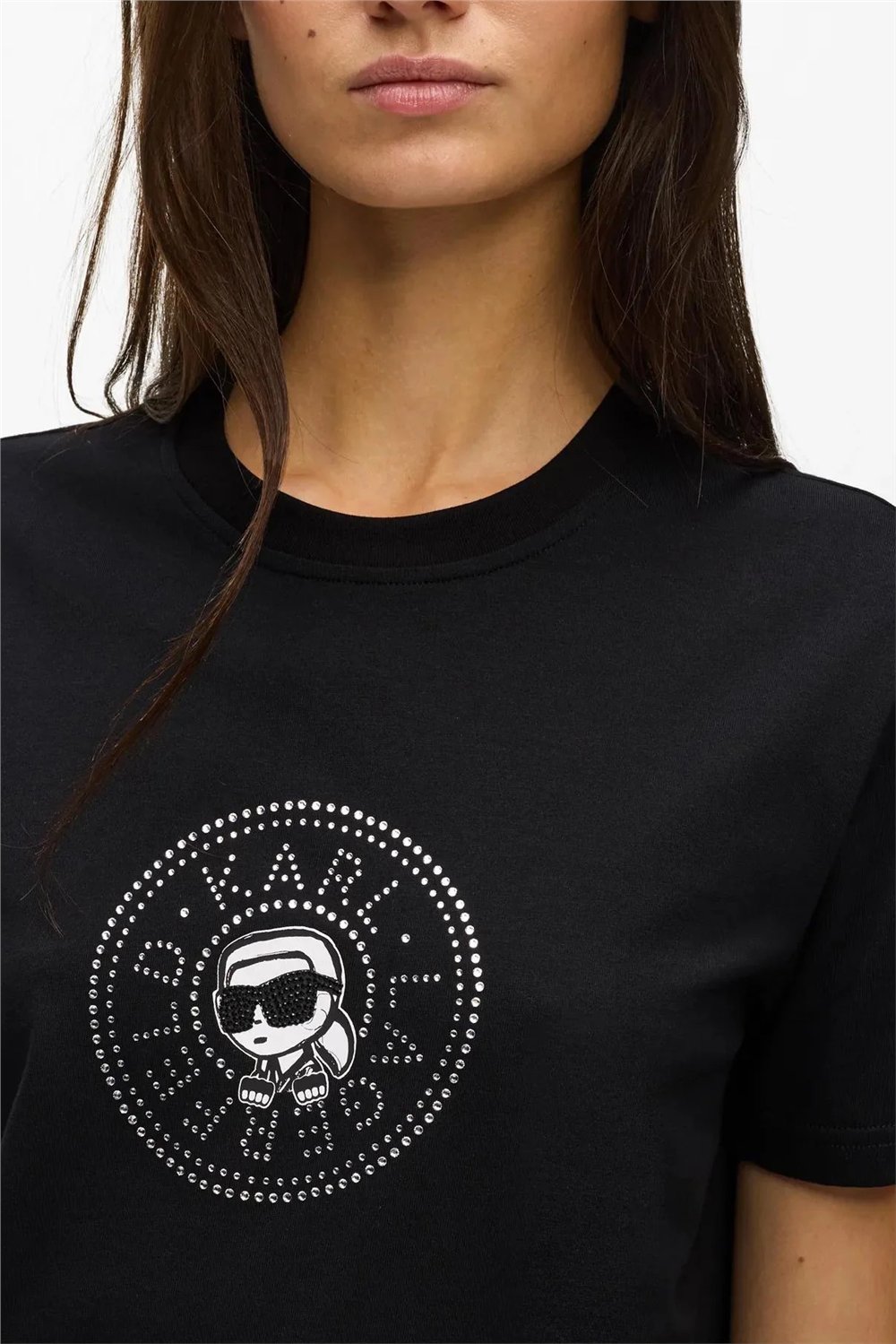 Karl Lagerfeld ikon Rs Circle T-Shirt Kadın Bisiklet Yaka T-Shirt Siyah