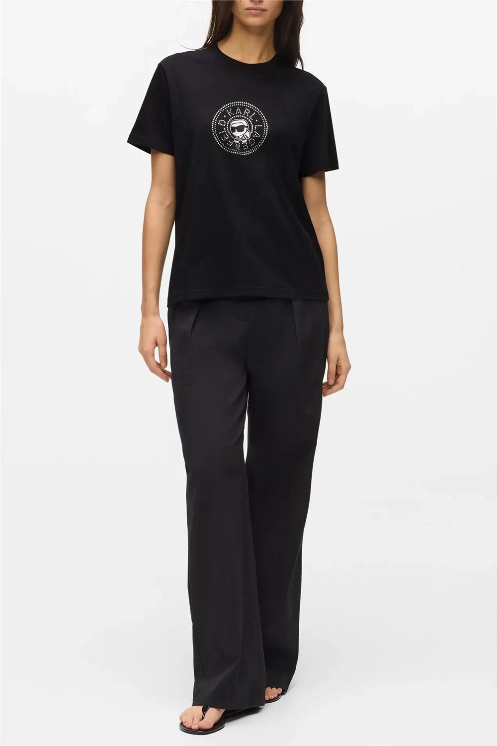 Karl Lagerfeld ikon Rs Circle T-Shirt Kadın Bisiklet Yaka T-Shirt Siyah