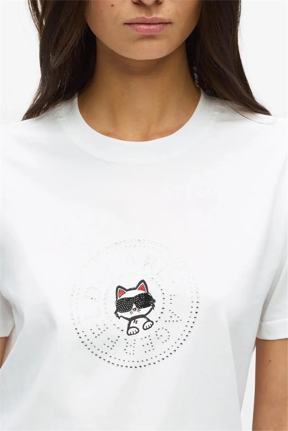 Karl Lagerfeld ikon Rs Circle T-Shirt Kadın Bisiklet Yaka T-Shirt Beyaz