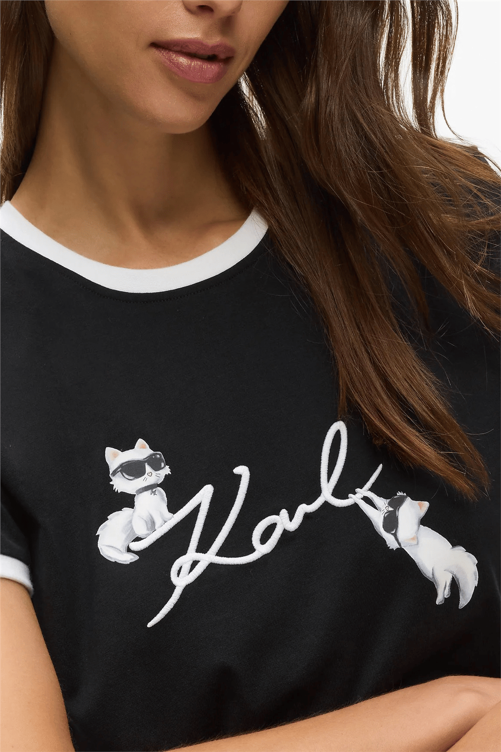 Karl Lagerfeld Ikon Signature Choupette Tee Kadın Bisiklet Yaka T-Shirt Siyah