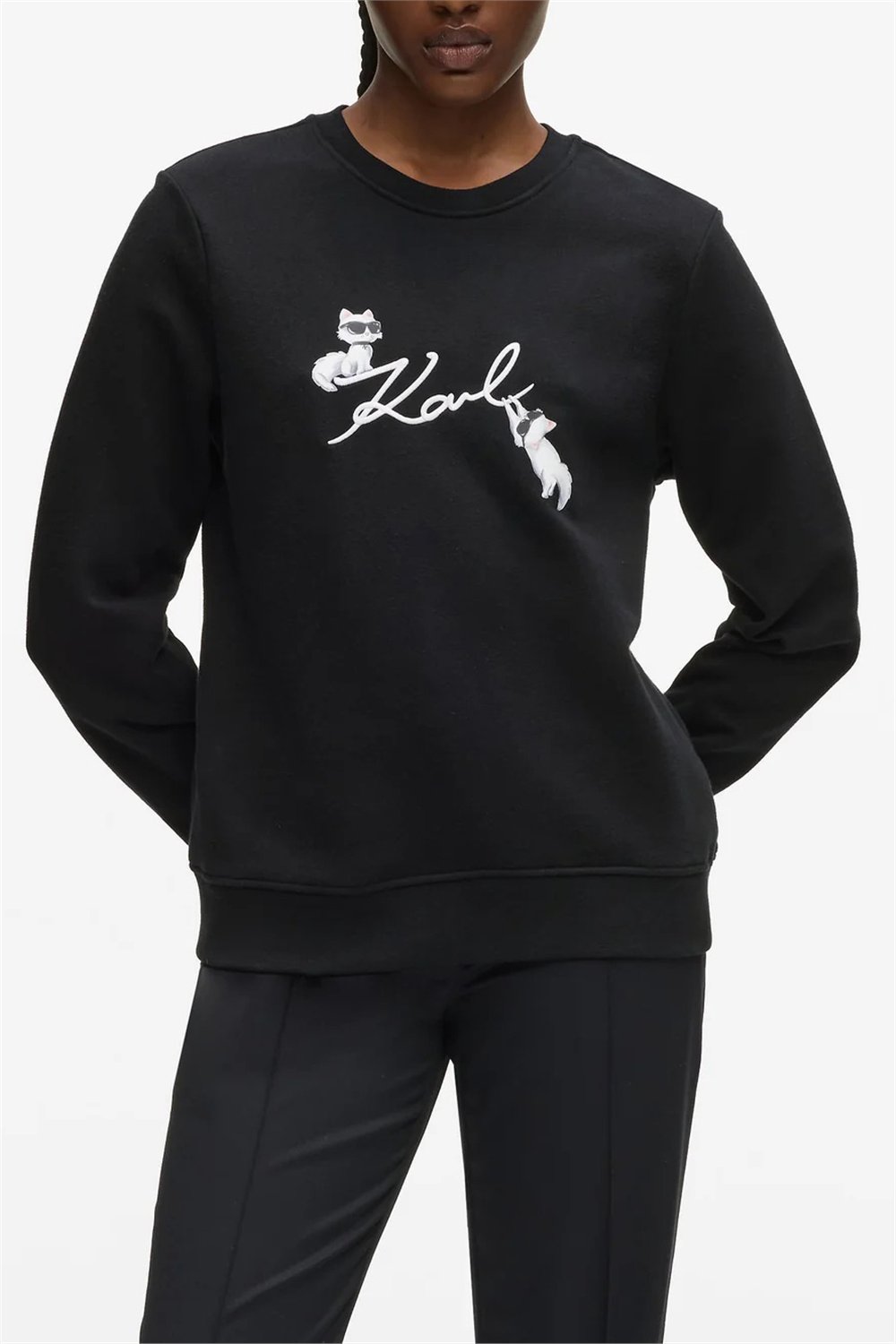 Karl Lagerfeld Ikon Signature Choupette Kadın Bisiklet Yaka Sweatshirt Siyah