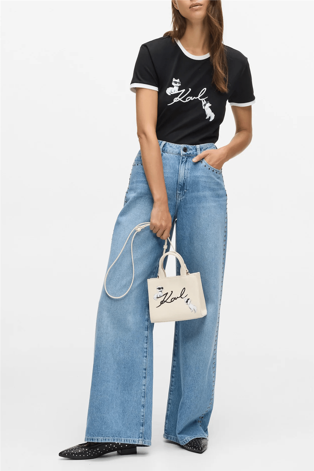 Karl Lagerfeld Ikon Signature Choupette Tee Kadın Bisiklet Yaka T-Shirt Siyah