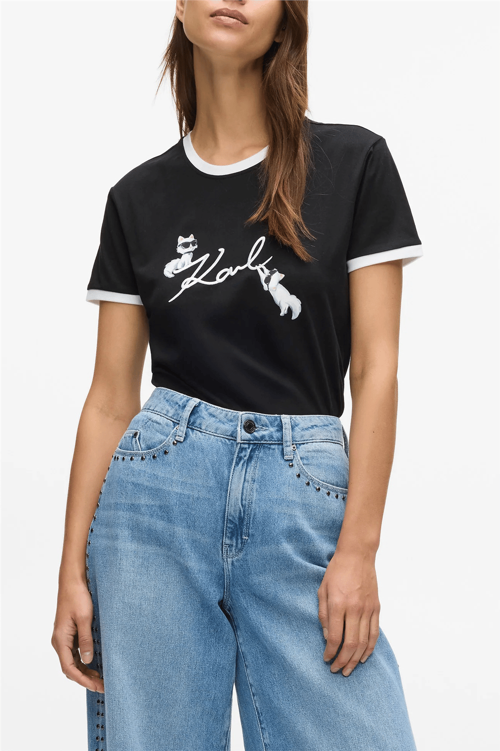 Karl Lagerfeld Ikon Signature Choupette Tee Kadın Bisiklet Yaka T-Shirt Siyah