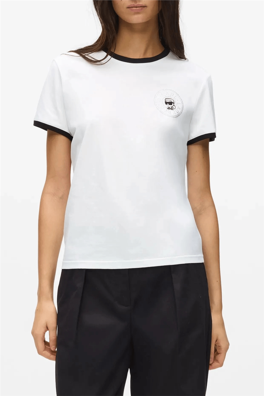 Karl Lagerfeld ikon Small Circle T-Shirt Kadın Bisiklet Yaka T-Shirt Siyah