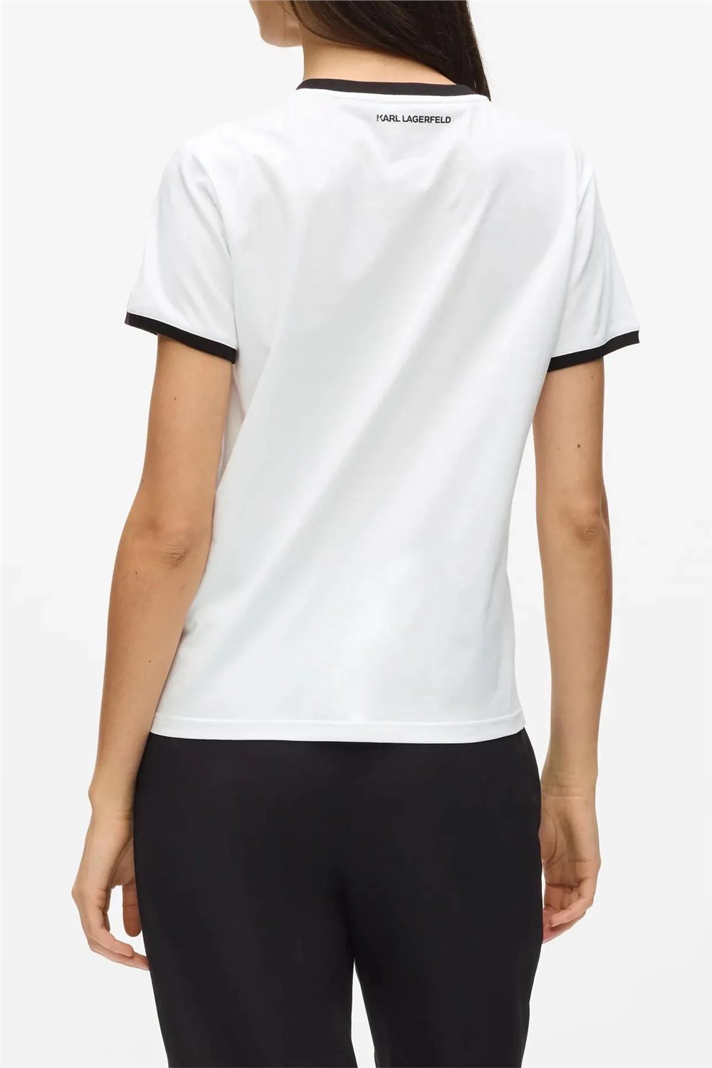 Karl Lagerfeld ikon Small Circle T-Shirt Kadın Bisiklet Yaka T-Shirt Siyah