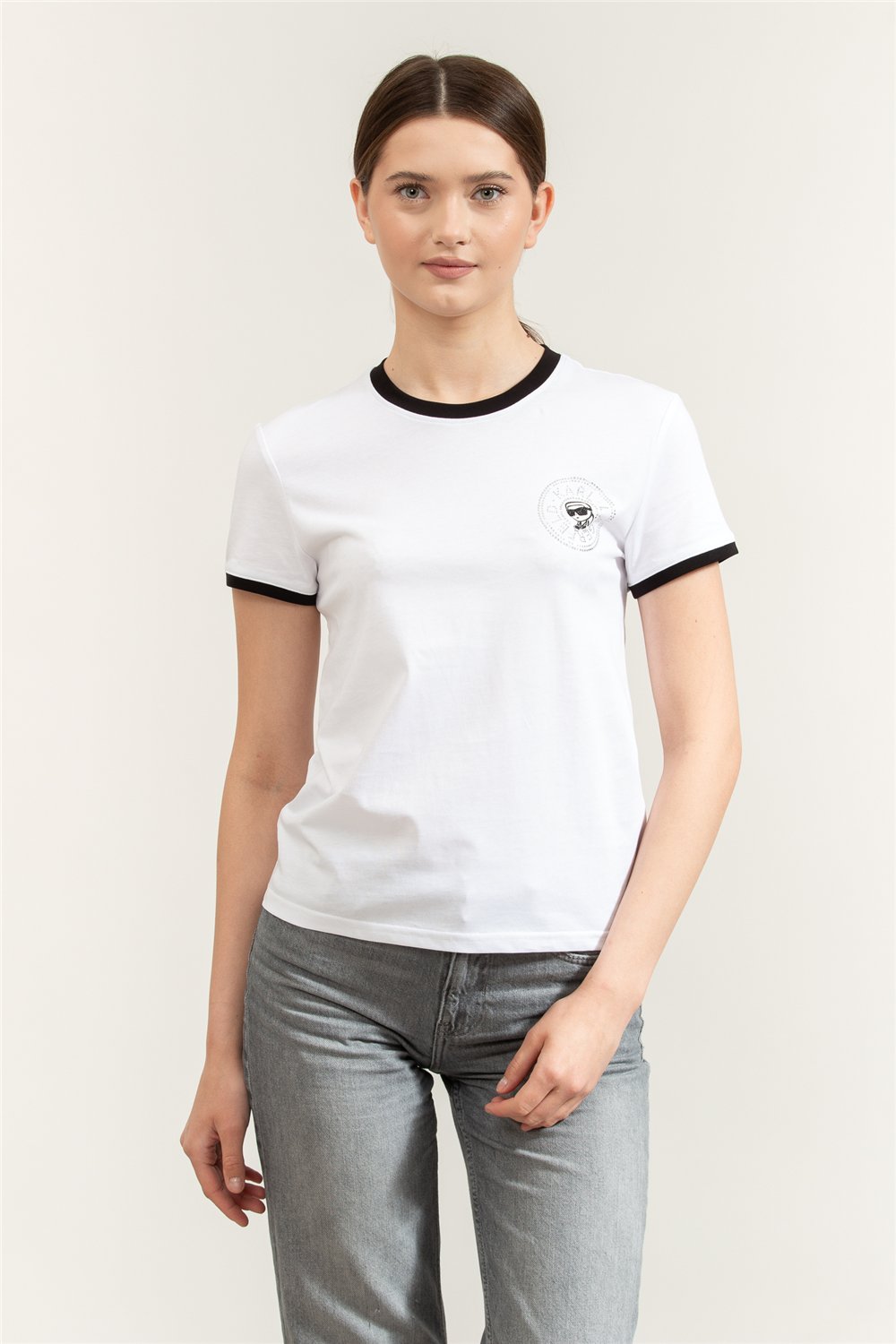 Karl Lagerfeld ikon Small Circle T-Shirt Kadın Bisiklet Yaka T-Shirt Siyah