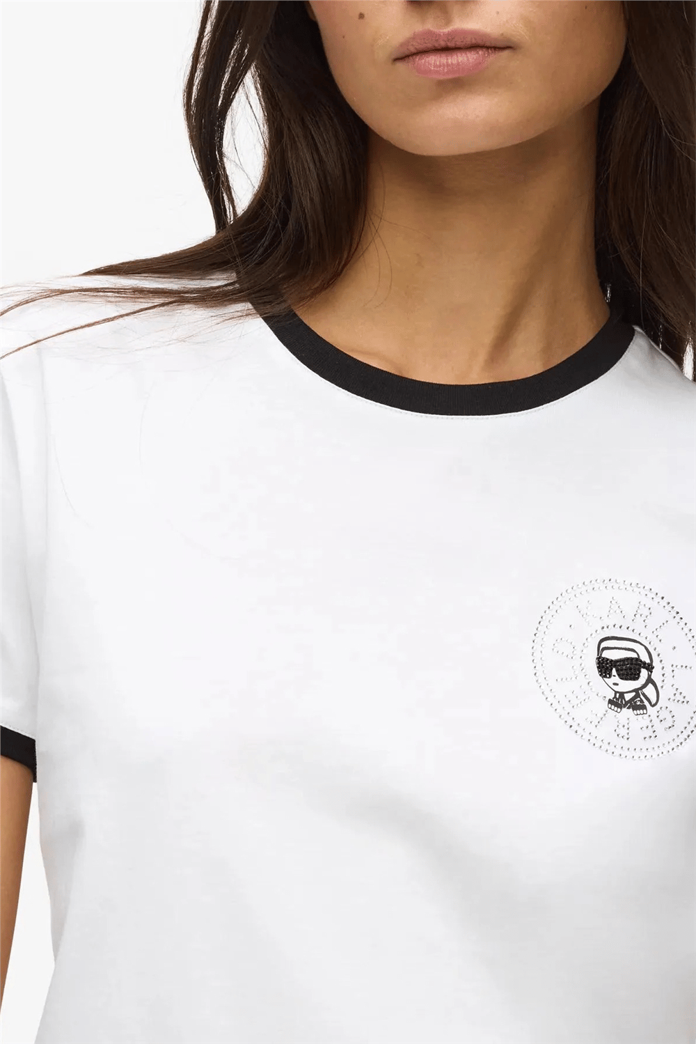 Karl Lagerfeld ikon Small Circle T-Shirt Kadın Bisiklet Yaka T-Shirt Siyah