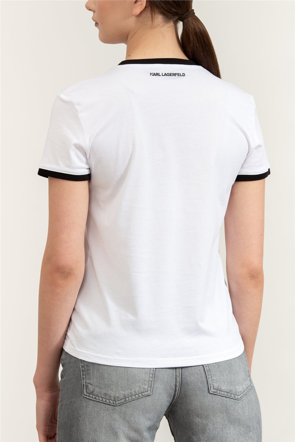 Karl Lagerfeld ikon Small Circle T-Shirt Kadın Bisiklet Yaka T-Shirt Siyah