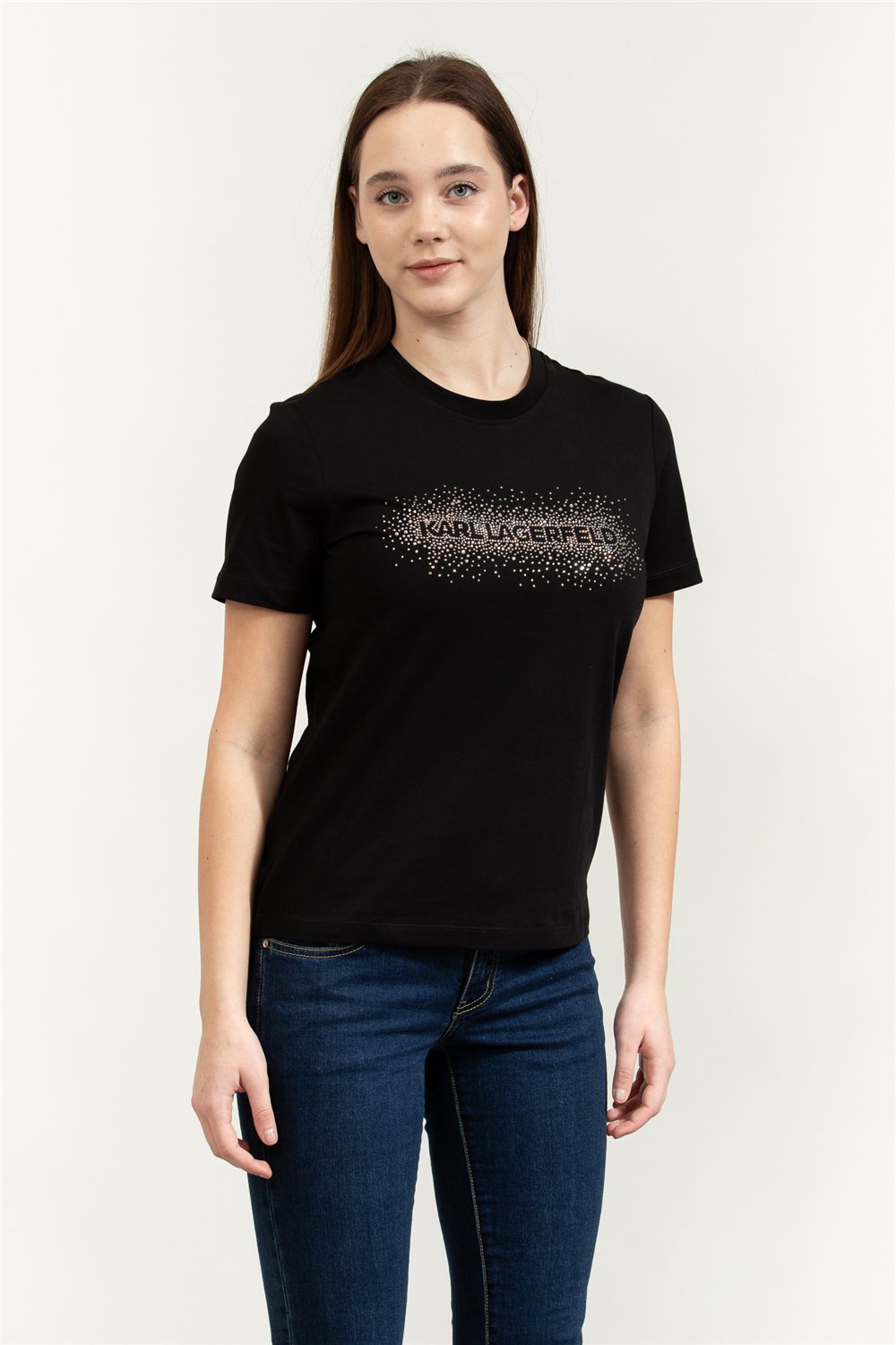 Karl Lagerfeld Logo Rhinestone Kadın Bisiklet Yaka T-Shirt