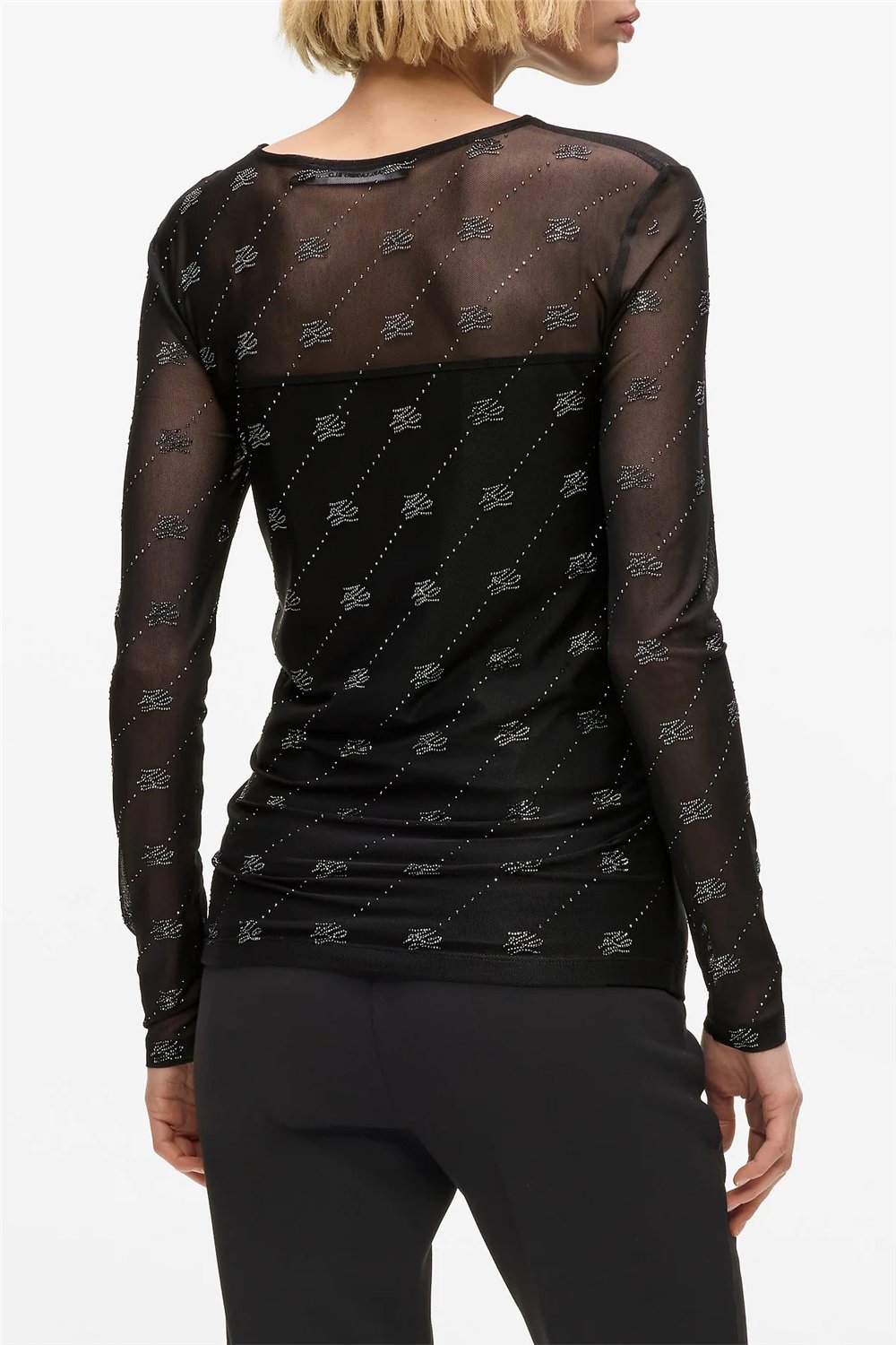 Karl Lagerfeld Mesh Rhinestone LSLV Top Kadın Bluz Siyah