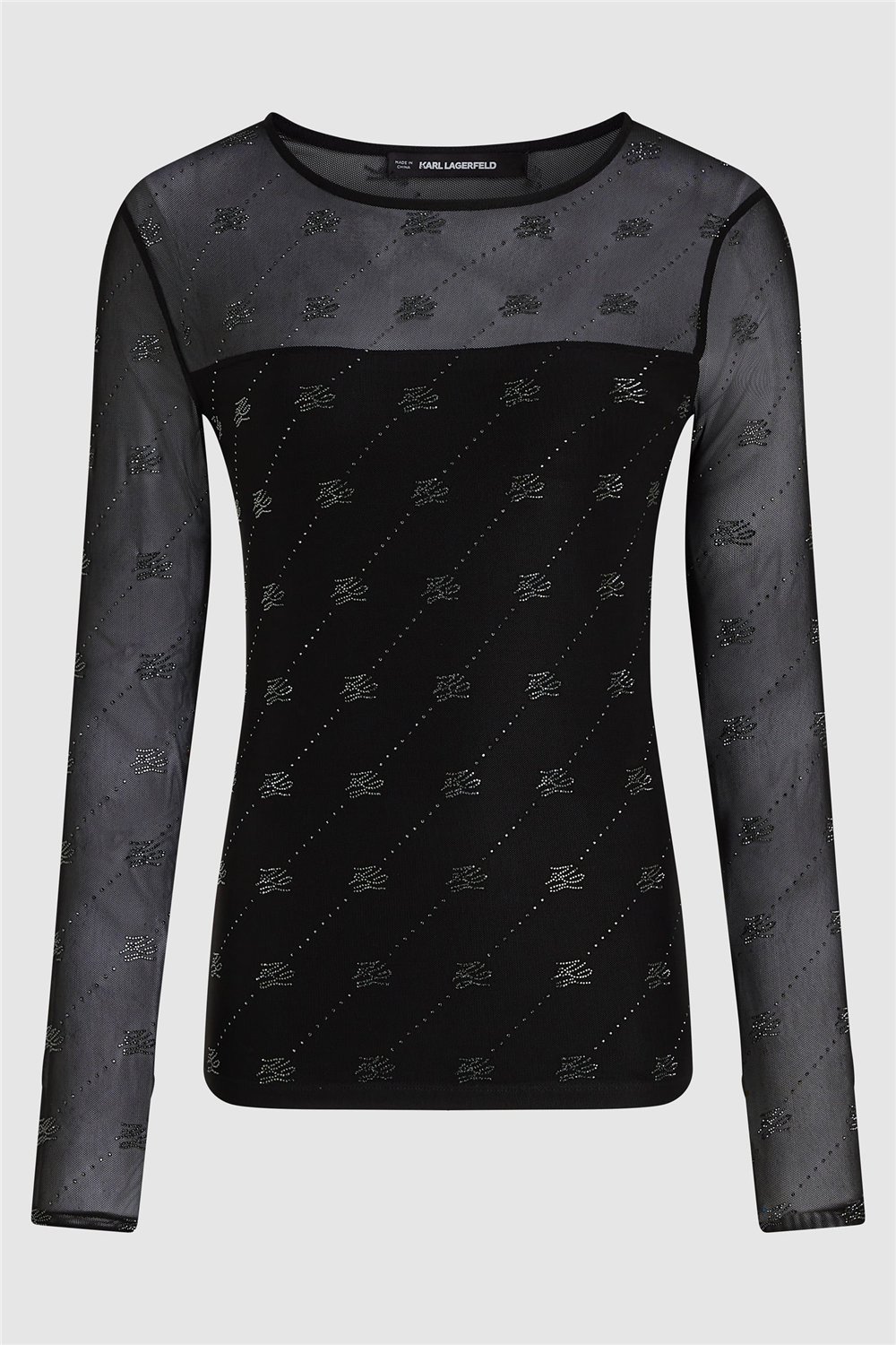Karl Lagerfeld Mesh Rhinestone LSLV Top Kadın Bluz Siyah