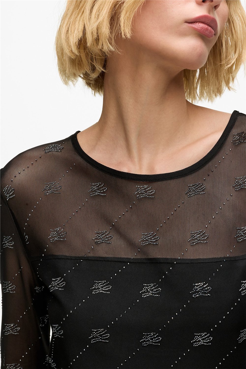 Karl Lagerfeld Mesh Rhinestone LSLV Top Kadın Bluz Siyah