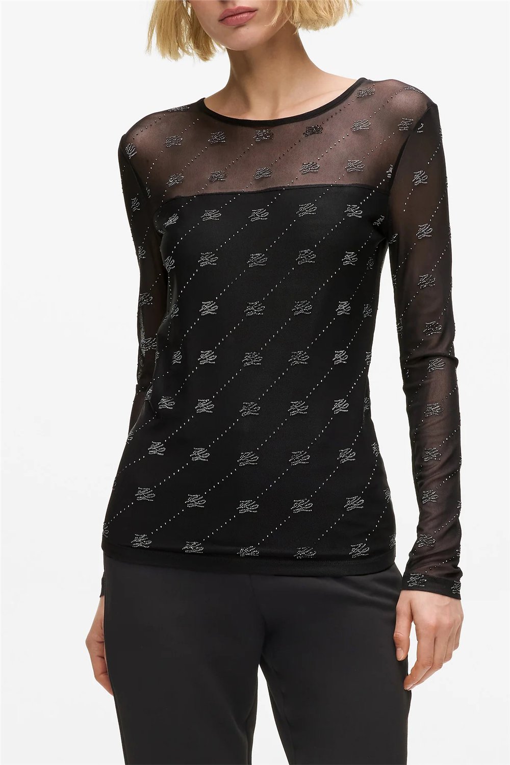 Karl Lagerfeld Mesh Rhinestone LSLV Top Kadın Bluz Siyah