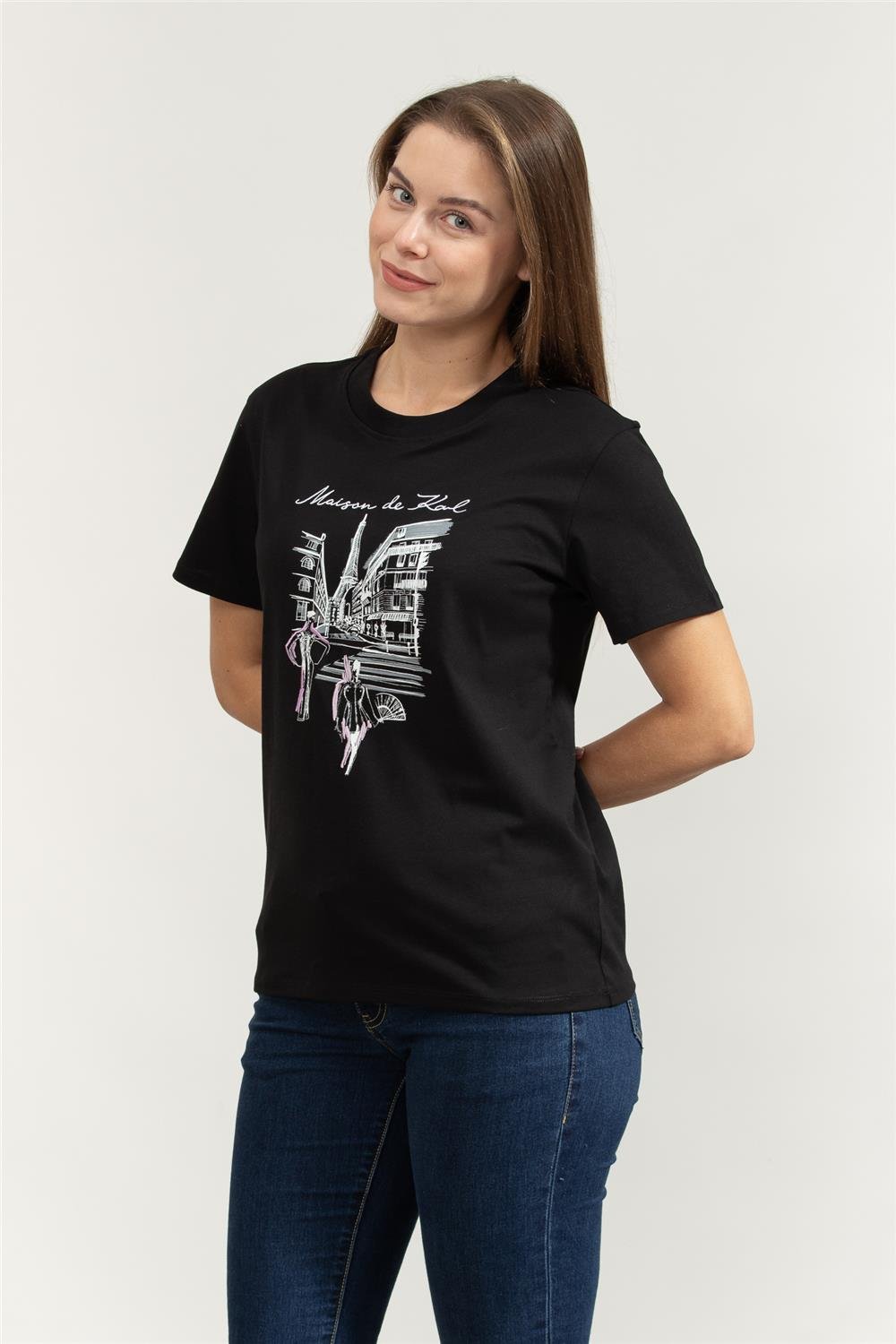 Karl Lagerfeld Paris Sketch Street Kadın Bisiklet Yaka T-Shirt