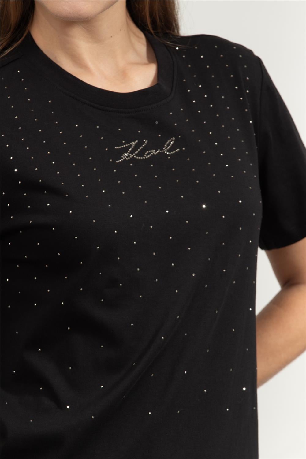Karl Lagerfeld Rhinestone Rain Kadın Bisiklet Yaka T-Shirt