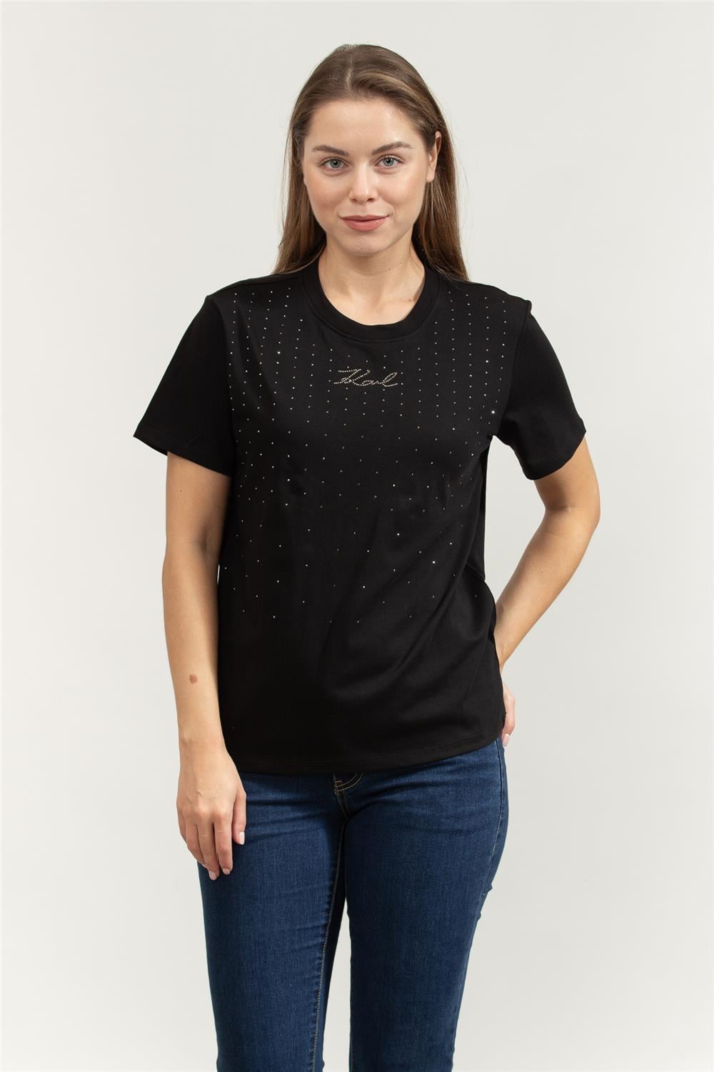 Karl Lagerfeld Rhinestone Rain Kadın Bisiklet Yaka T-Shirt