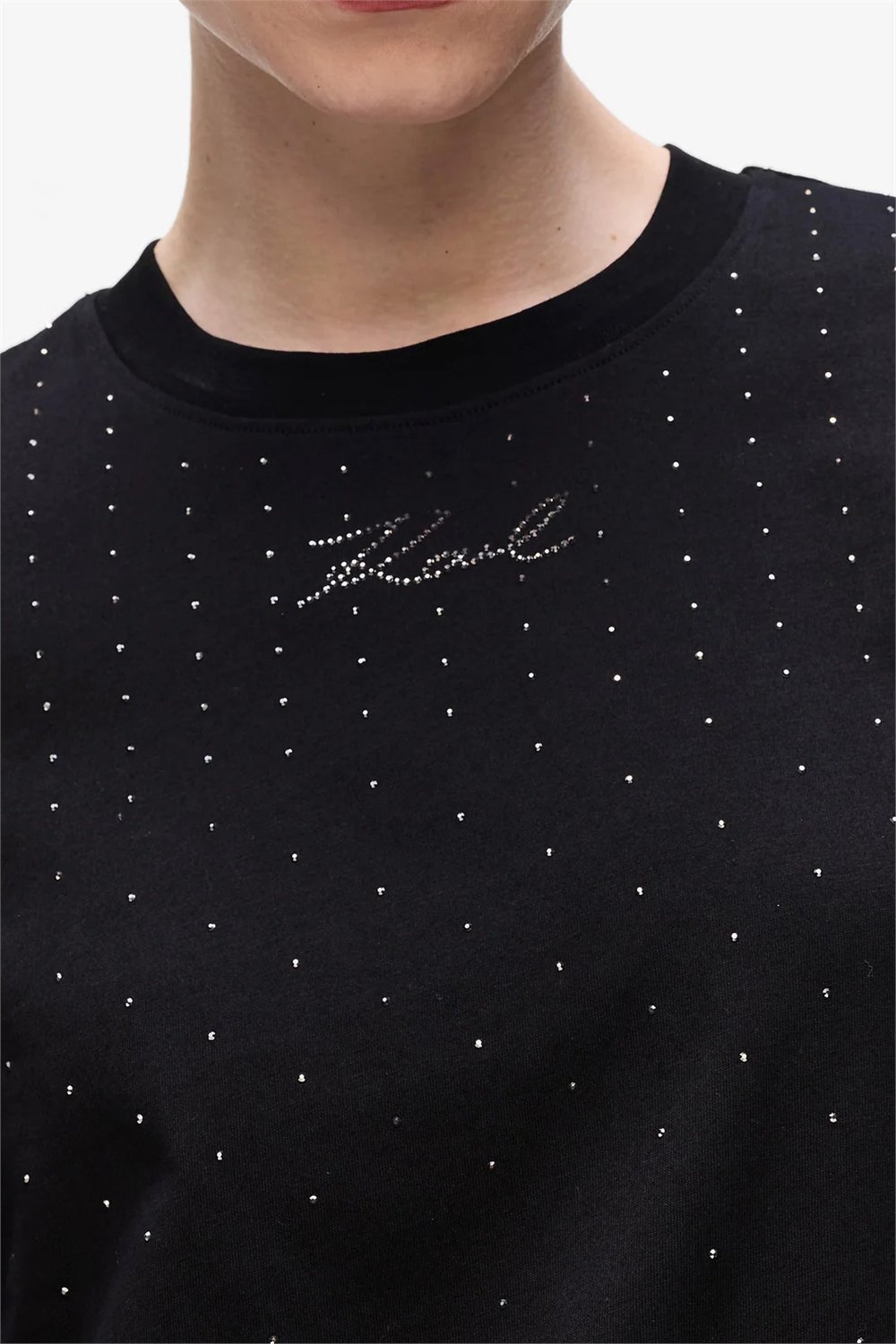 Karl Lagerfeld Rhinestone Rain Kadın Bisiklet Yaka T-Shirt Siyah