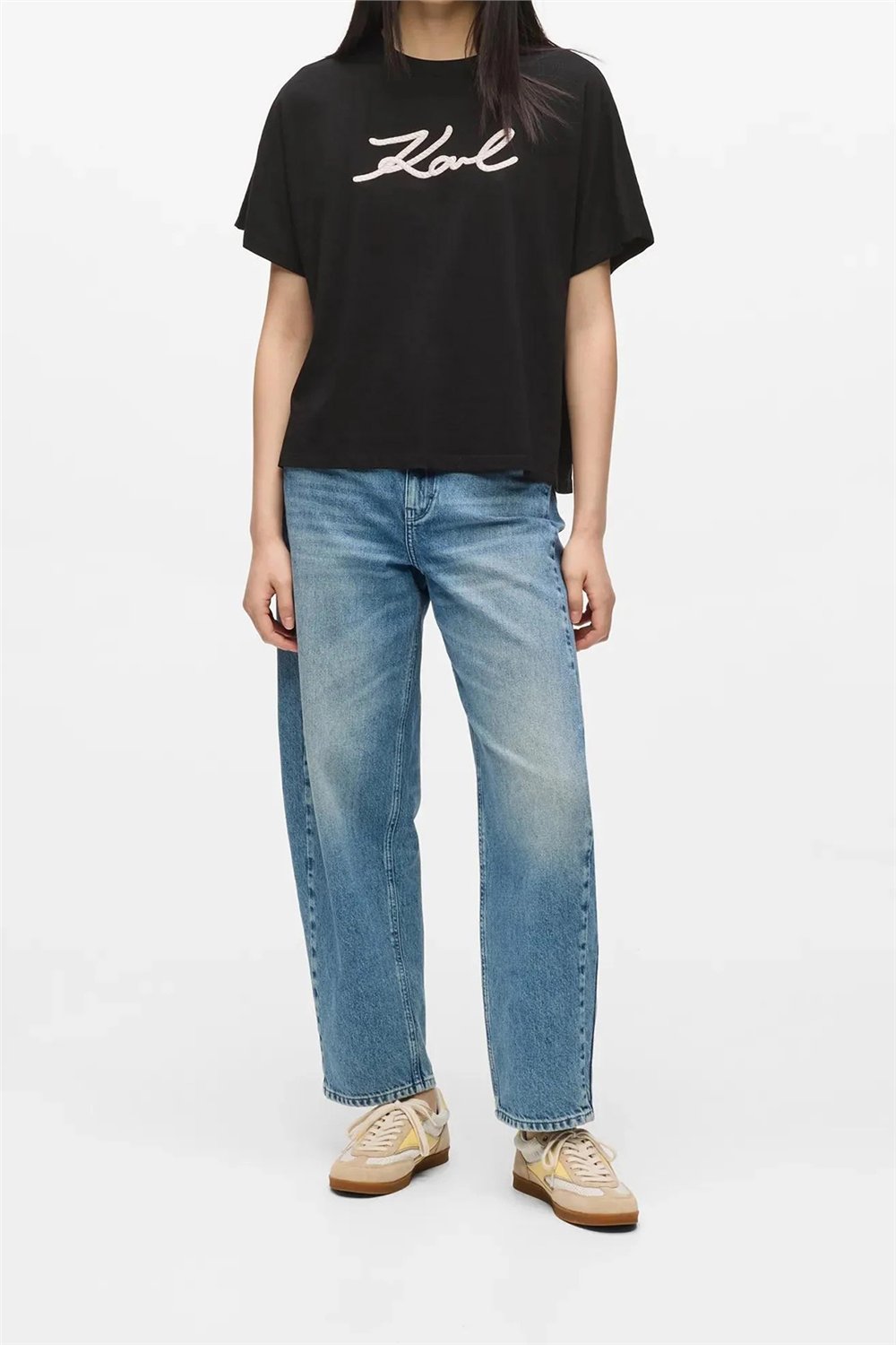 Karl Lagerfeld Rope Logo T-Shirt Kadın Bisiklet Yaka T-Shirt Siyah