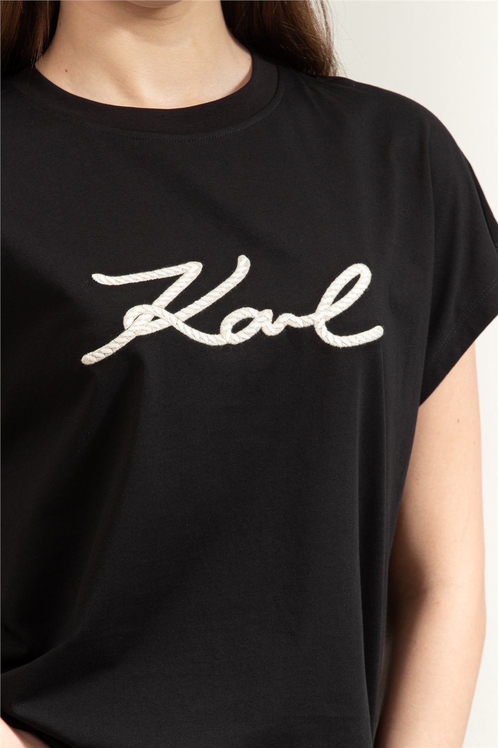 Karl Lagerfeld Rope Logo T-Shirt Kadın Bisiklet Yaka T-Shirt Siyah