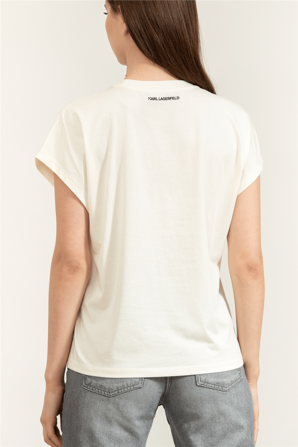 Karl Lagerfeld Rope Logo T-Shirt Kadın Bisiklet Yaka T-Shirt Krem