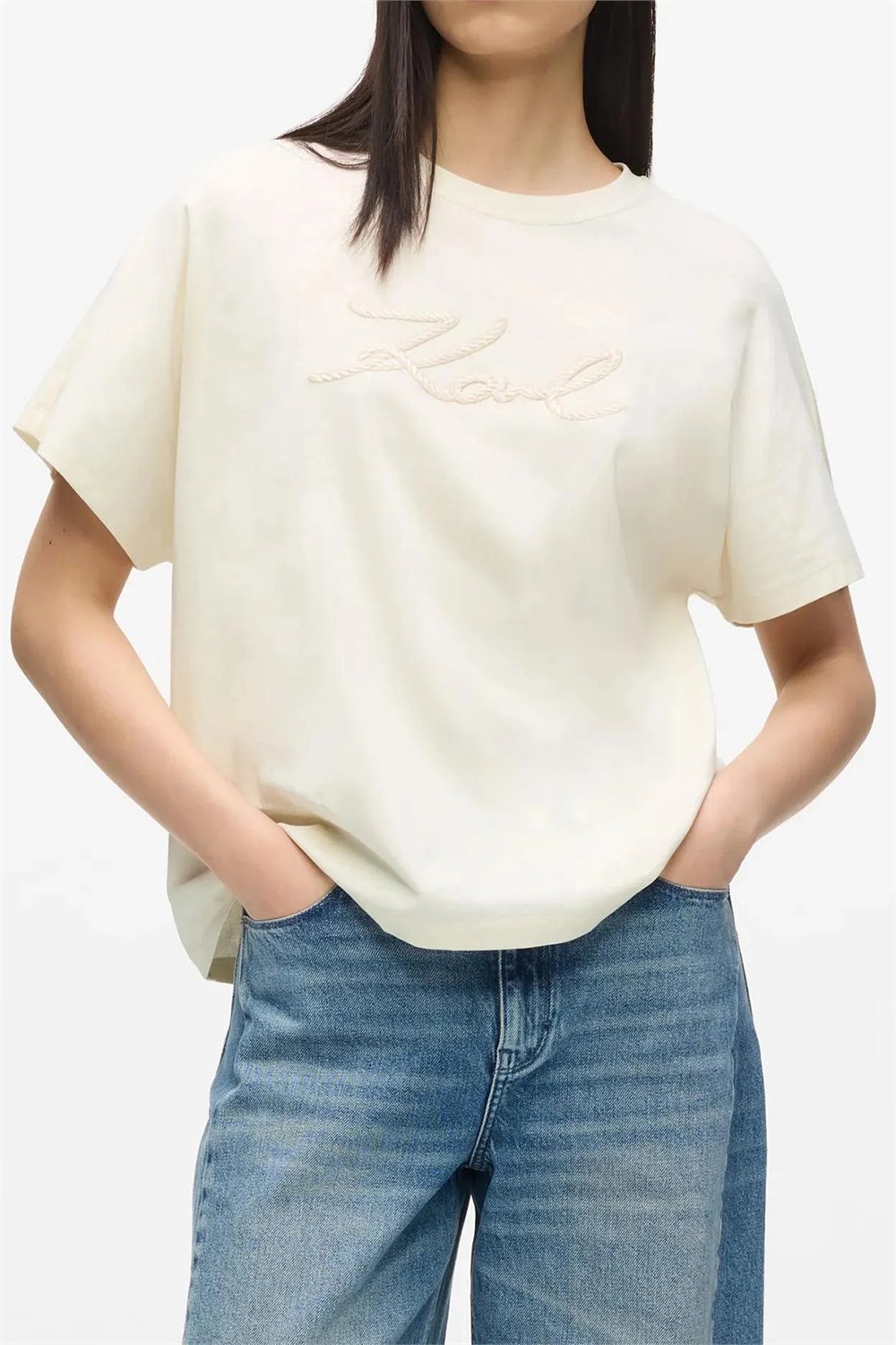 Karl Lagerfeld Rope Logo T-Shirt Kadın Bisiklet Yaka T-Shirt Krem