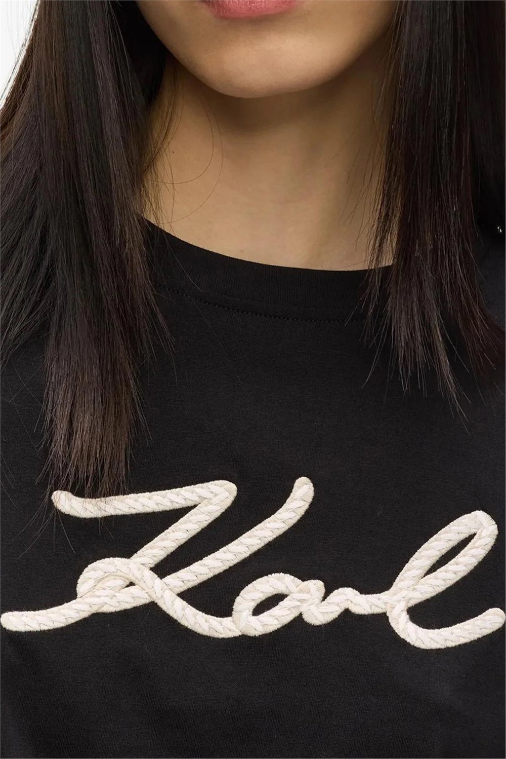 Karl Lagerfeld Rope Logo T-Shirt Kadın Bisiklet Yaka T-Shirt Siyah