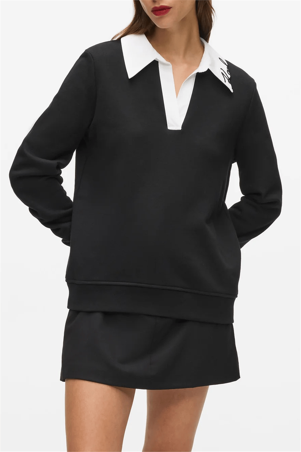Karl Lagerfeld Signature Collar Kadın V Yaka Sweatshirt Siyah