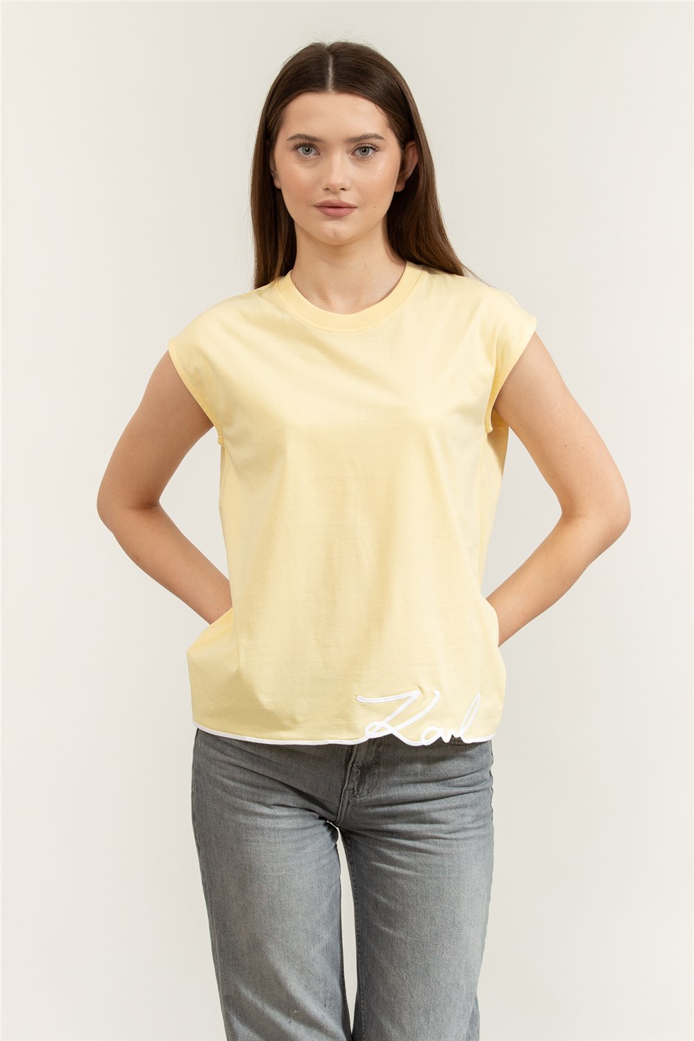 Karl Lagerfeld Signature Hem Tank Top Kadın Bisiklet Yaka T-Shirt