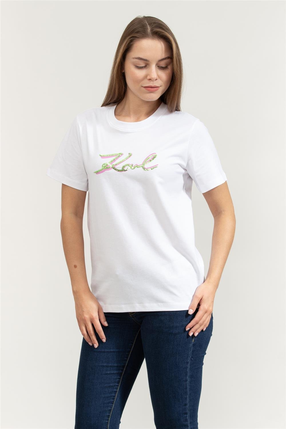 Karl Lagerfeld Signature Sequins Kadın Bisiklet Yaka T-Shirt