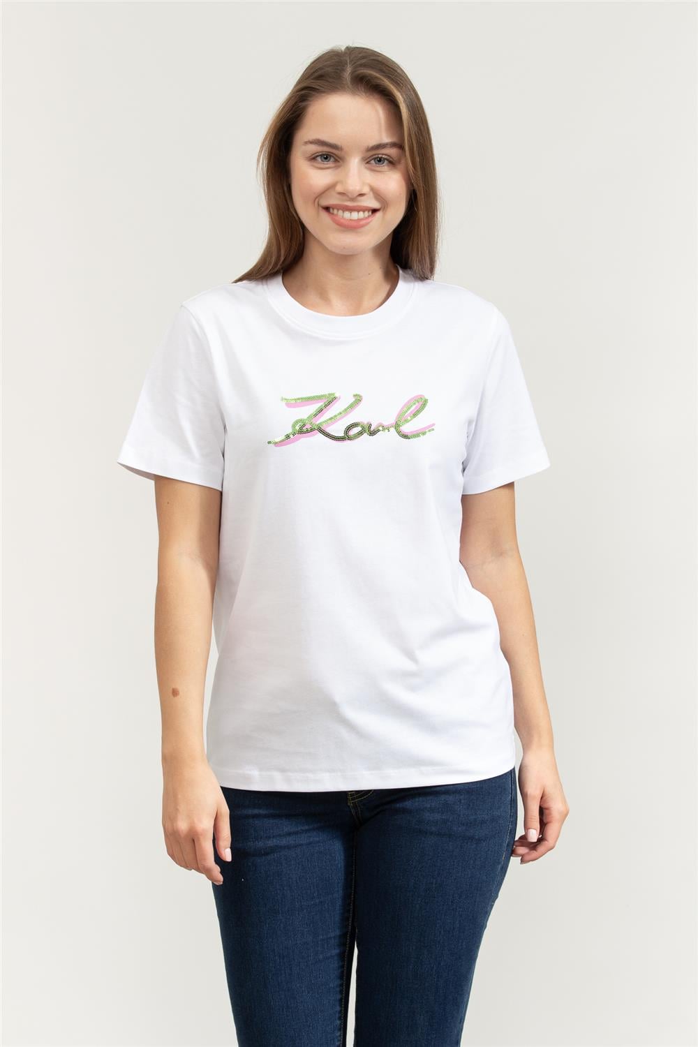 Karl Lagerfeld Signature Sequins Kadın Bisiklet Yaka T-Shirt