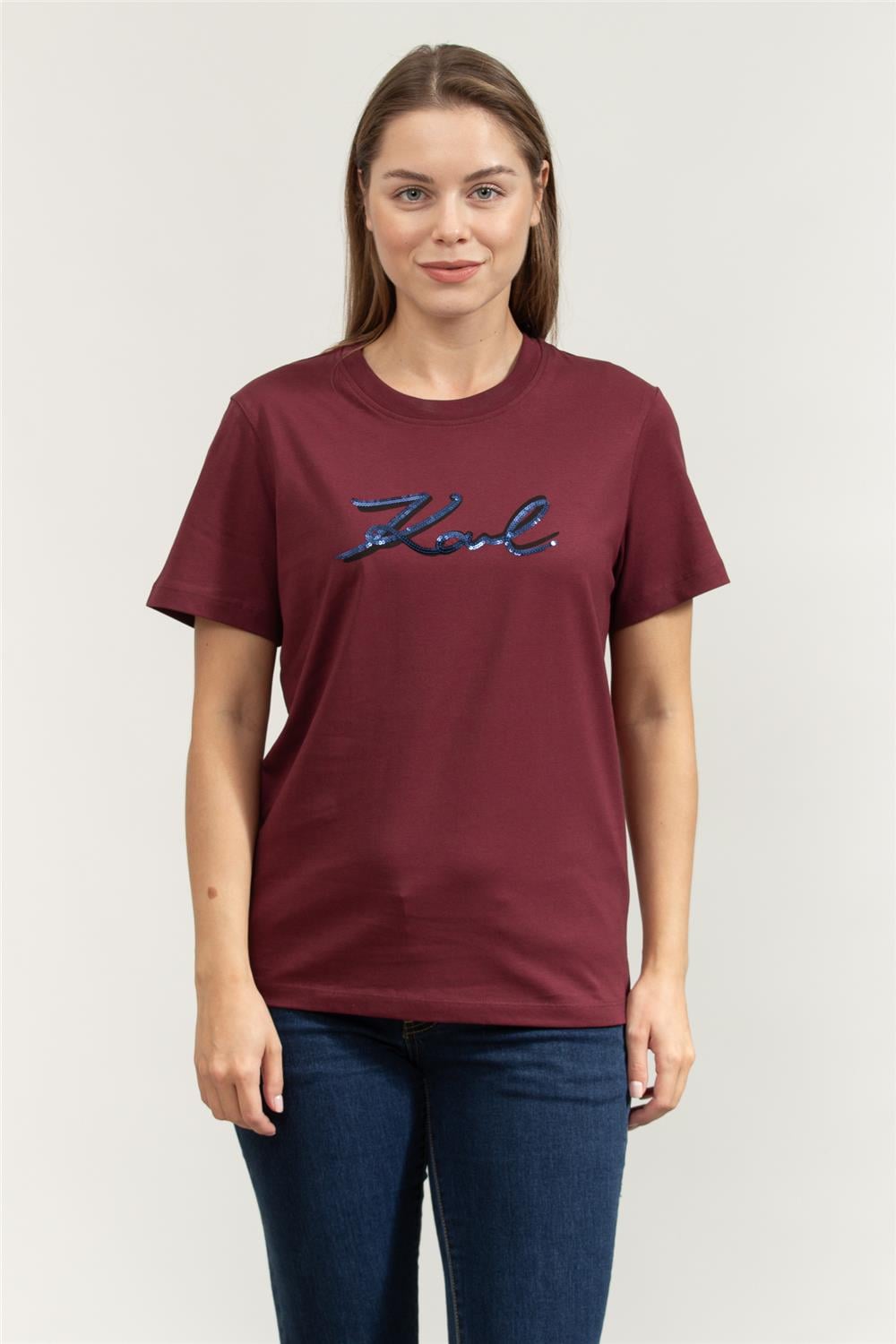 Karl Lagerfeld Signature Sequins Kadın Bisiklet Yaka T-Shirt