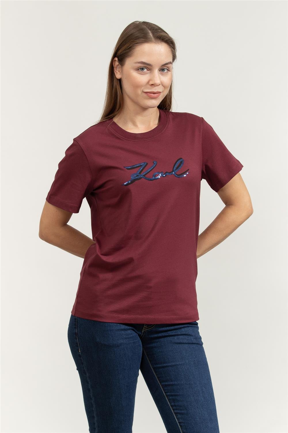 Karl Lagerfeld Signature Sequins Kadın Bisiklet Yaka T-Shirt