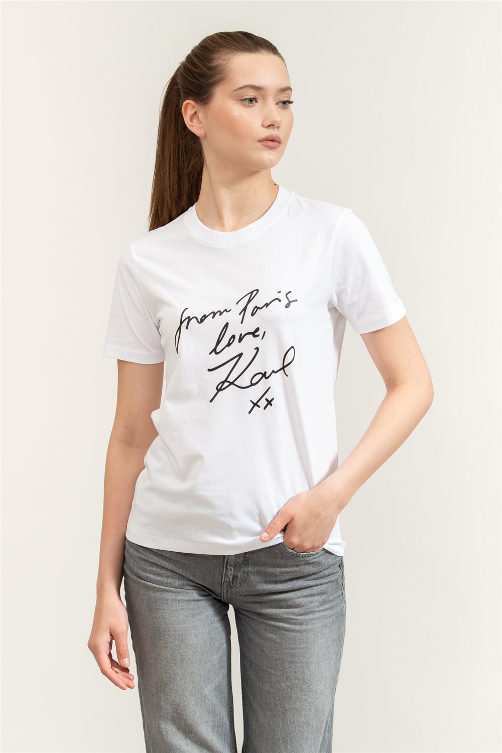 Karl Lagerfeld With Love T-Shirt Kadın Bisiklet Yaka T-Shirt Beyaz