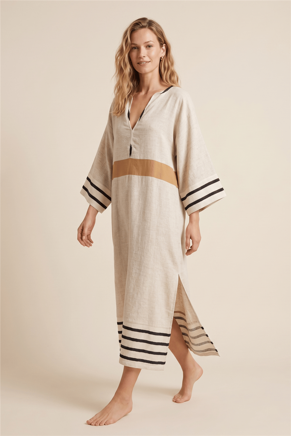 Lalamia Kadın Kenevir Keten Kaftan Ekru
