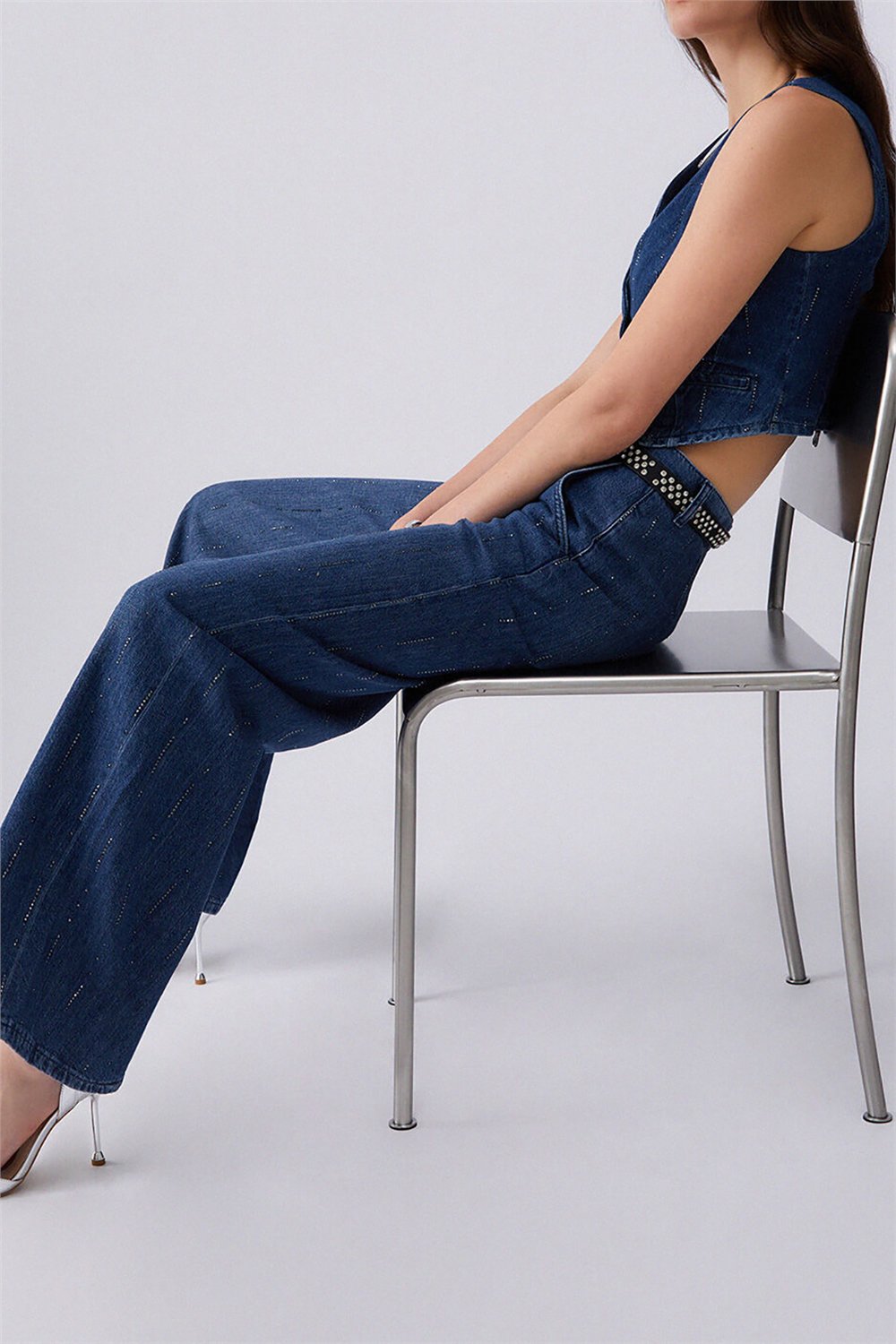 Liu Jo Pant.Flare Strass Reg.W. Kadın Jean Pantolon Mavi