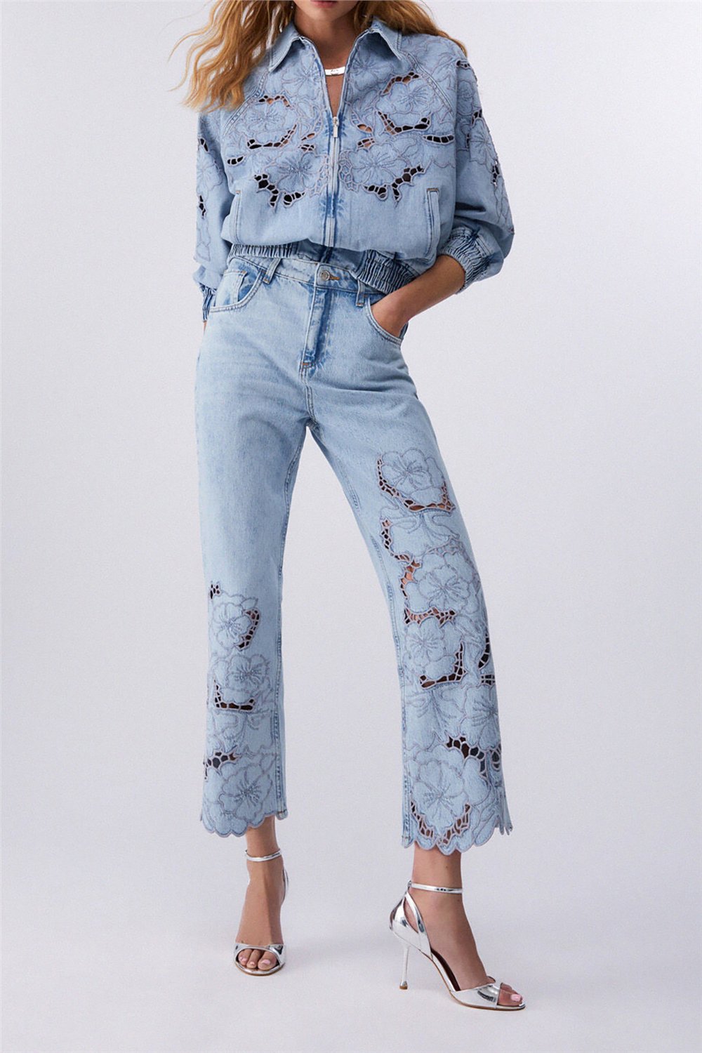 Liu Jo Pant.Straight Flower Emb.R.W. Kadın Jean Pantolon Mavi
