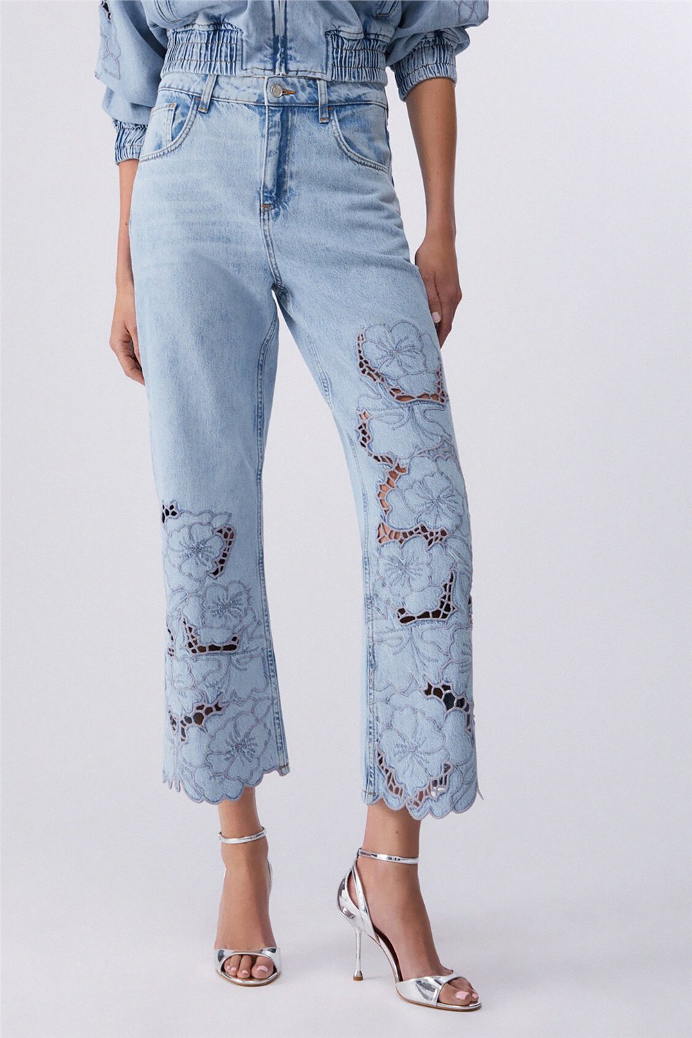 Liu Jo Pant.Straight Flower Emb.R.W. Kadın Jean Pantolon Mavi