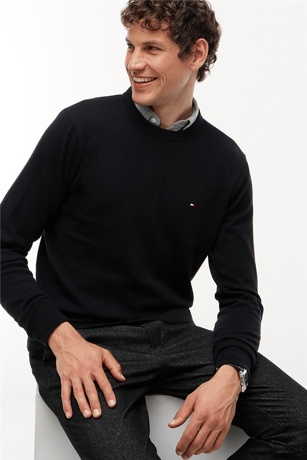 Tommy Hilfiger Pima Org Ctn Cashmere Crew Neck Erkek Triko Siyah