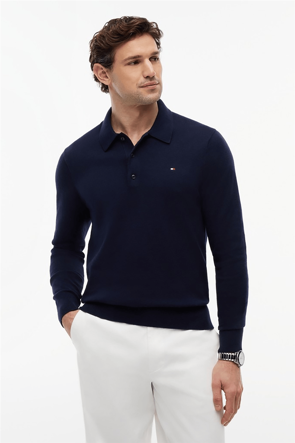 Tommy Hilfiger Pima Org Ctn Cashmere Ls Polo Erkek Triko Mavi