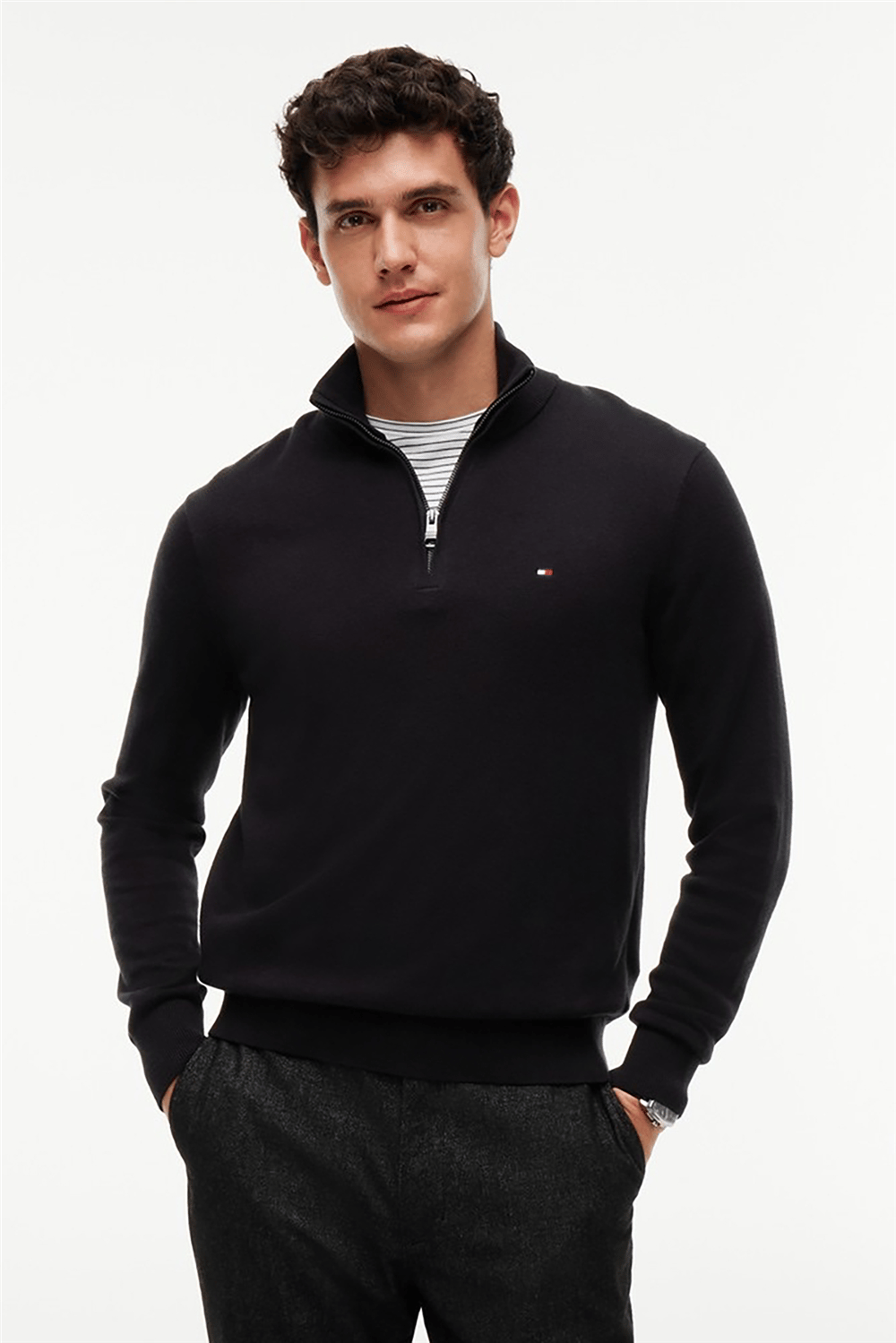 Tommy Hilfiger Pima Org Ctn Cashmere Zip Mock Erkek Triko Siyah