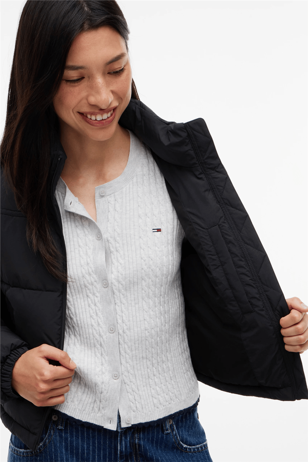 Tommy Hilfiger Tjw Flag Back Crop Ess Puffer Kadın Şişme Mont Siyah