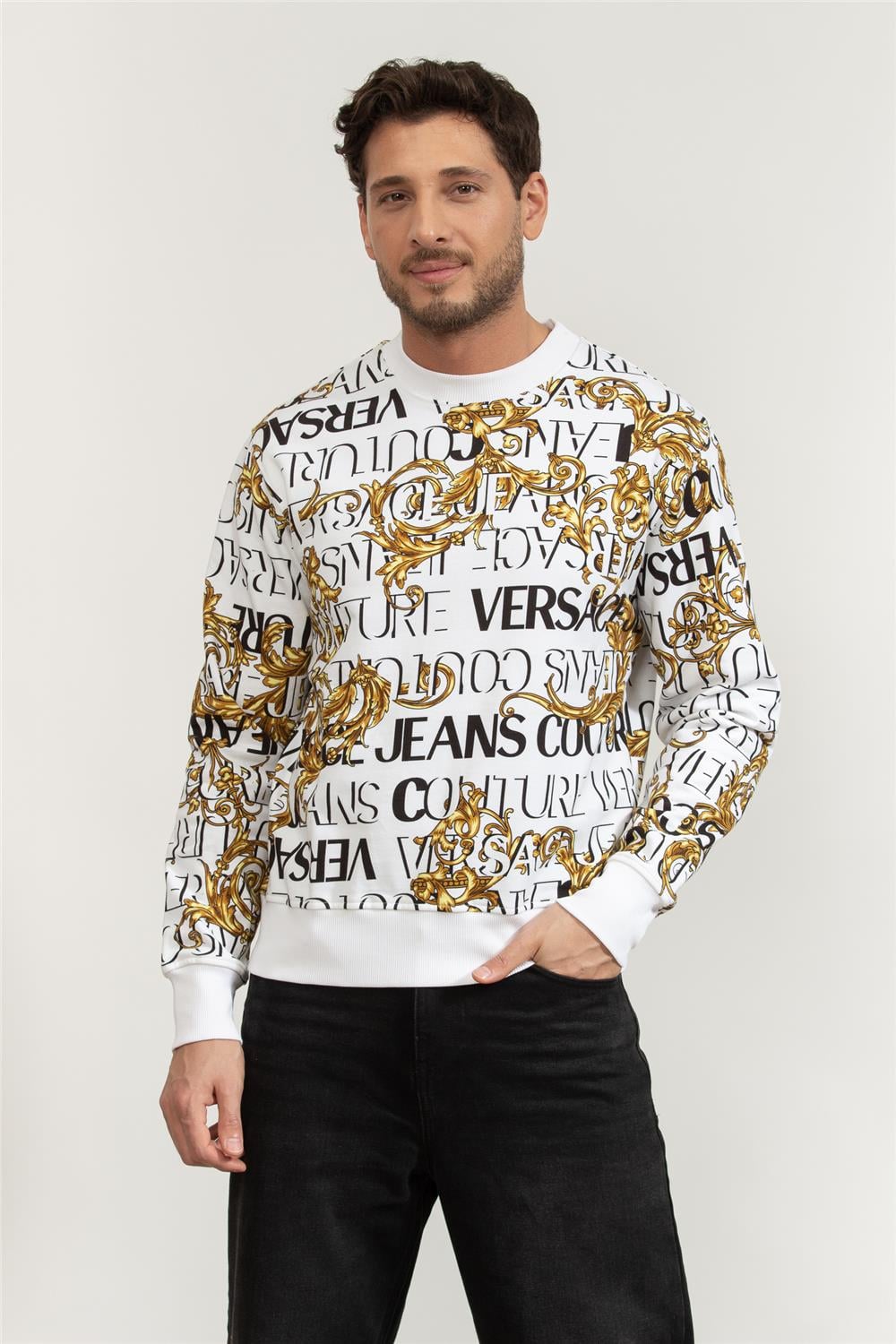 Versace Jeans Couture R Print Logo Baroque Erkek Bisiklet Yaka Sweatshirt