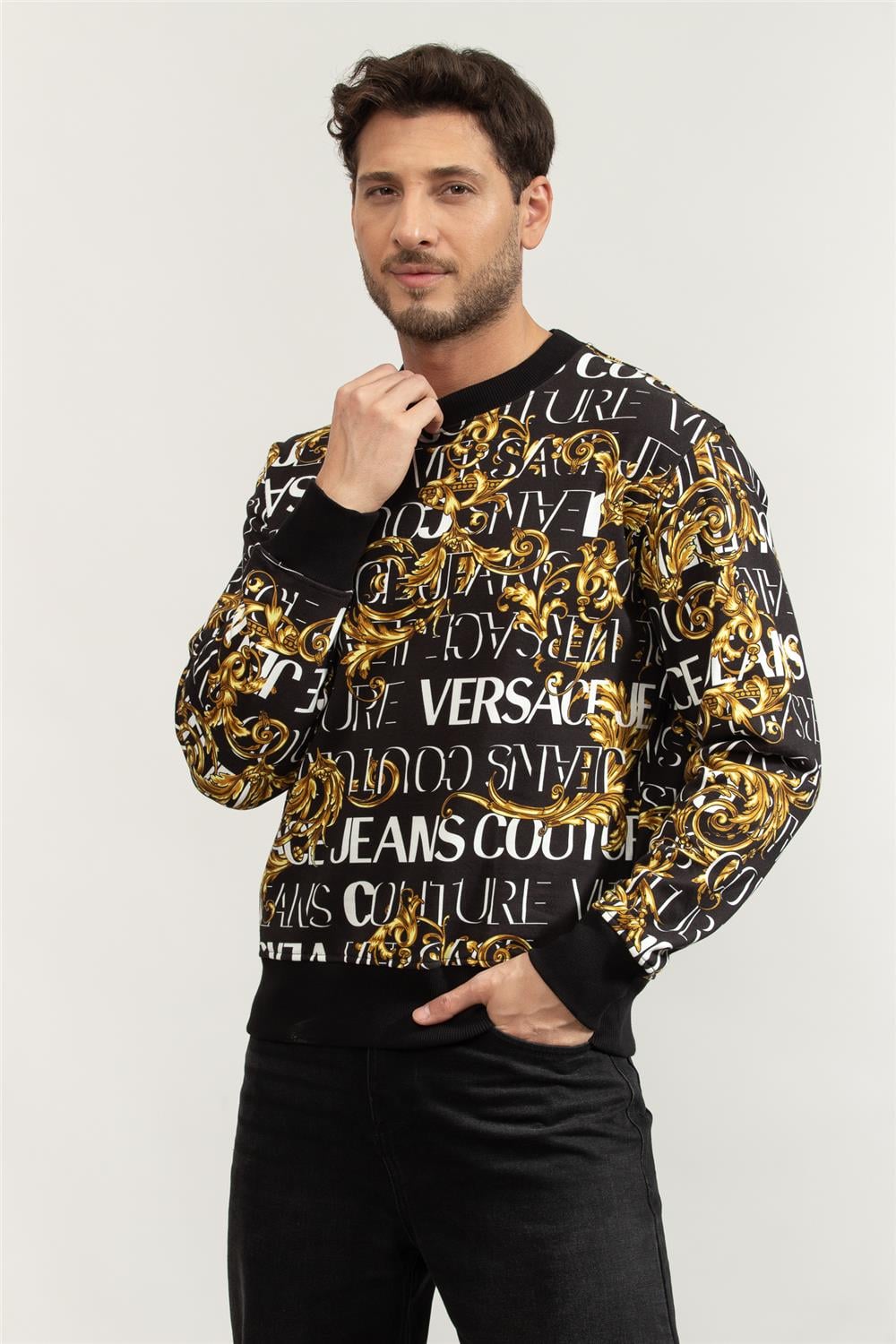Versace Jeans Couture R Print Logo Baroque Erkek Bisiklet Yaka Sweatshirt