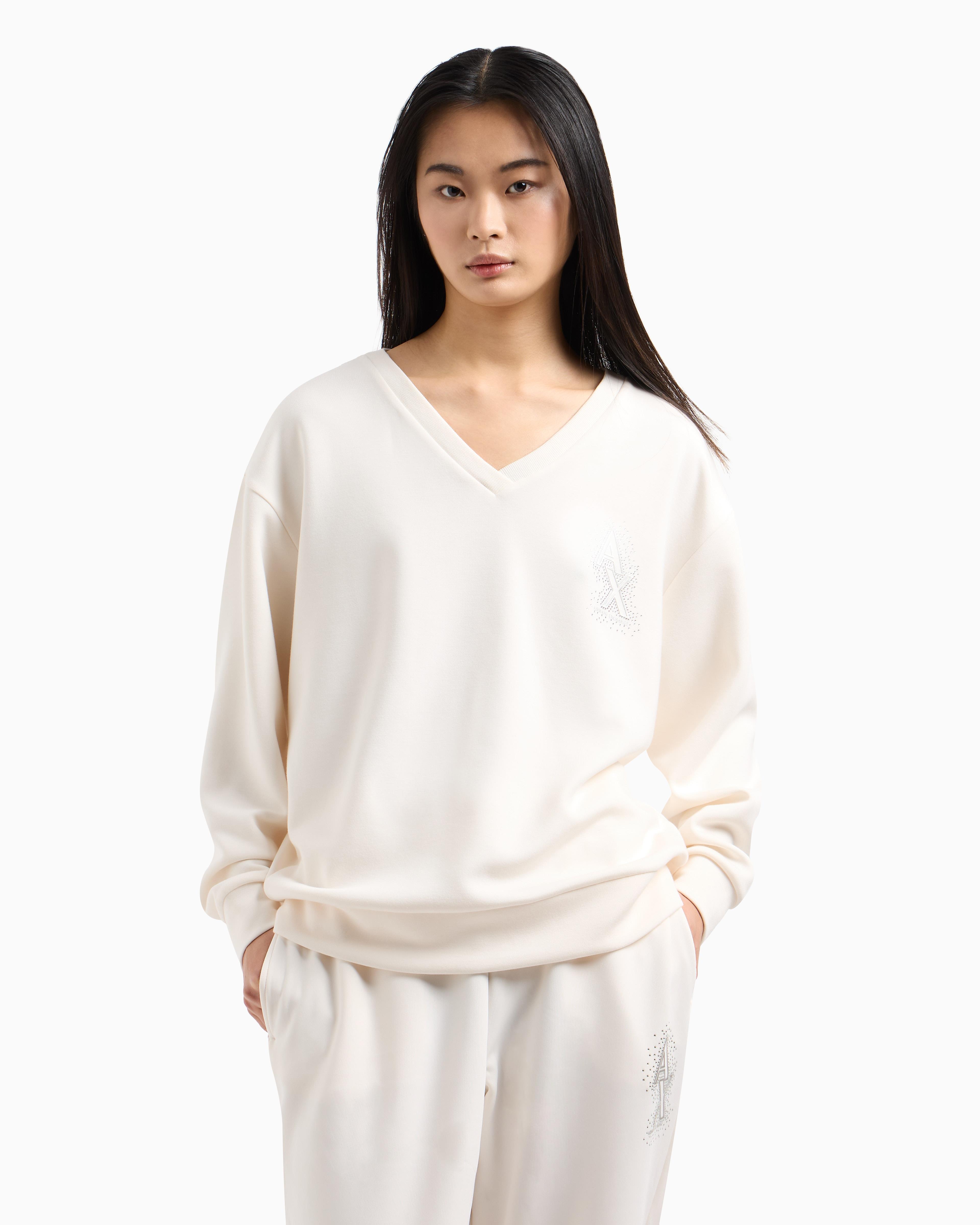 ARMANI EXCHANGE Armani Exchange Kadın Rahat Kalıp V Yaka Yapay Elmas İşlemeli AX Logolu Uzun Kollu Beyaz Sweatshirt XW000093 AF10804-U1003
