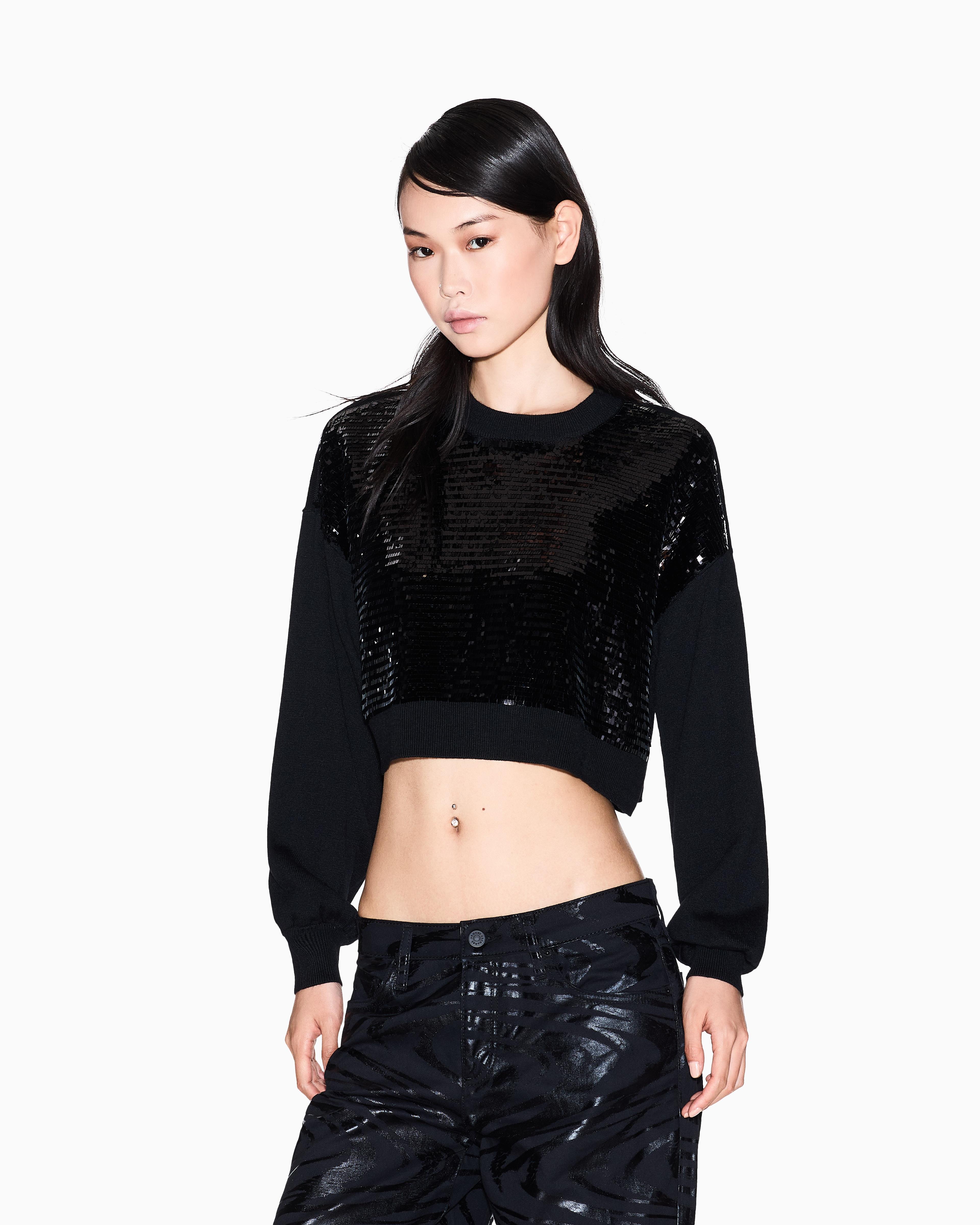 Armani Exchange Armani Exchange Kadın Normal Kalıp Önü Pul Payet Desenli Yuvarlak Yaka Uzun Kollu Siyah Kazak XW001326 AF16682-MC117